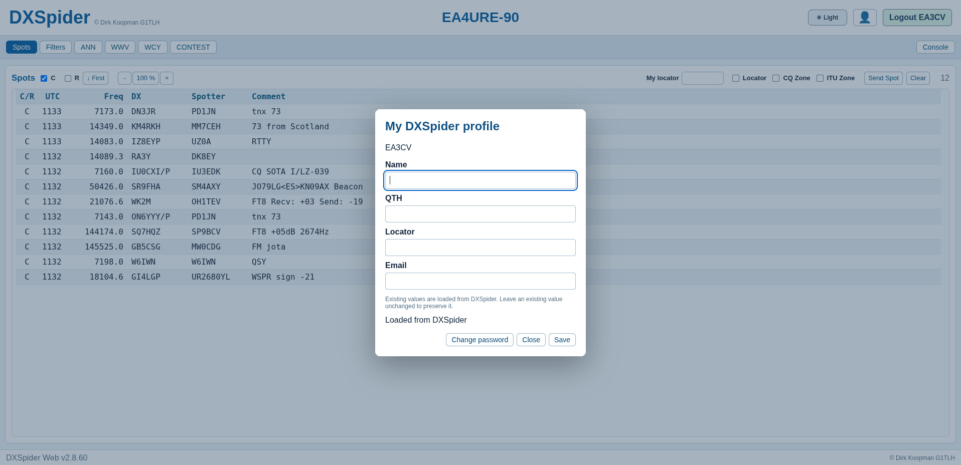 DXSpider DXWeb My DXSpider profile dialog with name, QTH, locator and email fields loaded from the cluster