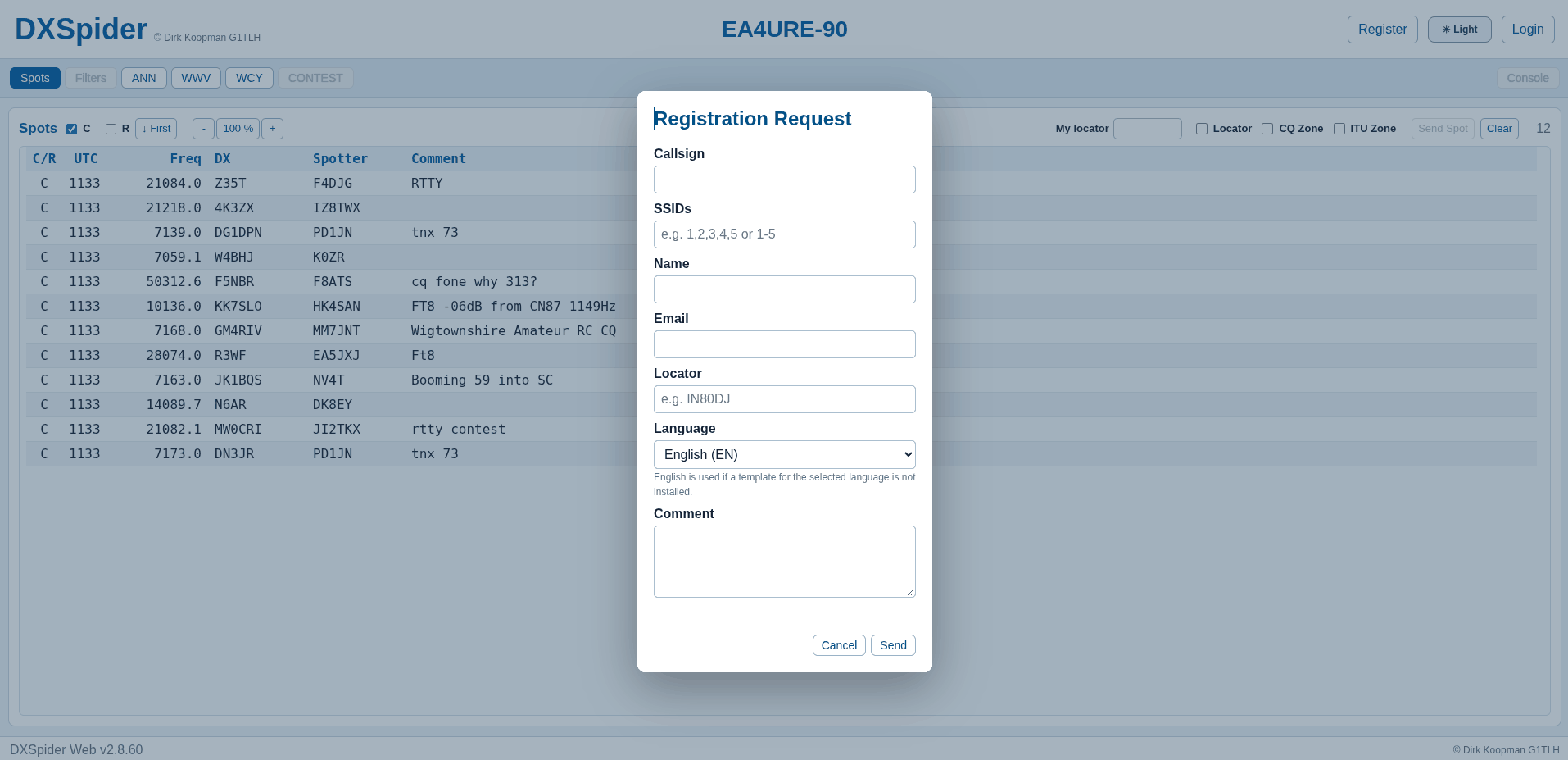 DXSpider DXWeb registration request dialog with callsign, SSIDs, name, email, locator, language and comment fields
