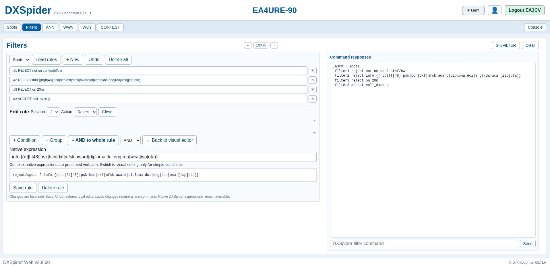 DXSpider DXWeb Filters tab with visual rule editor, native expression box and live command responses pane