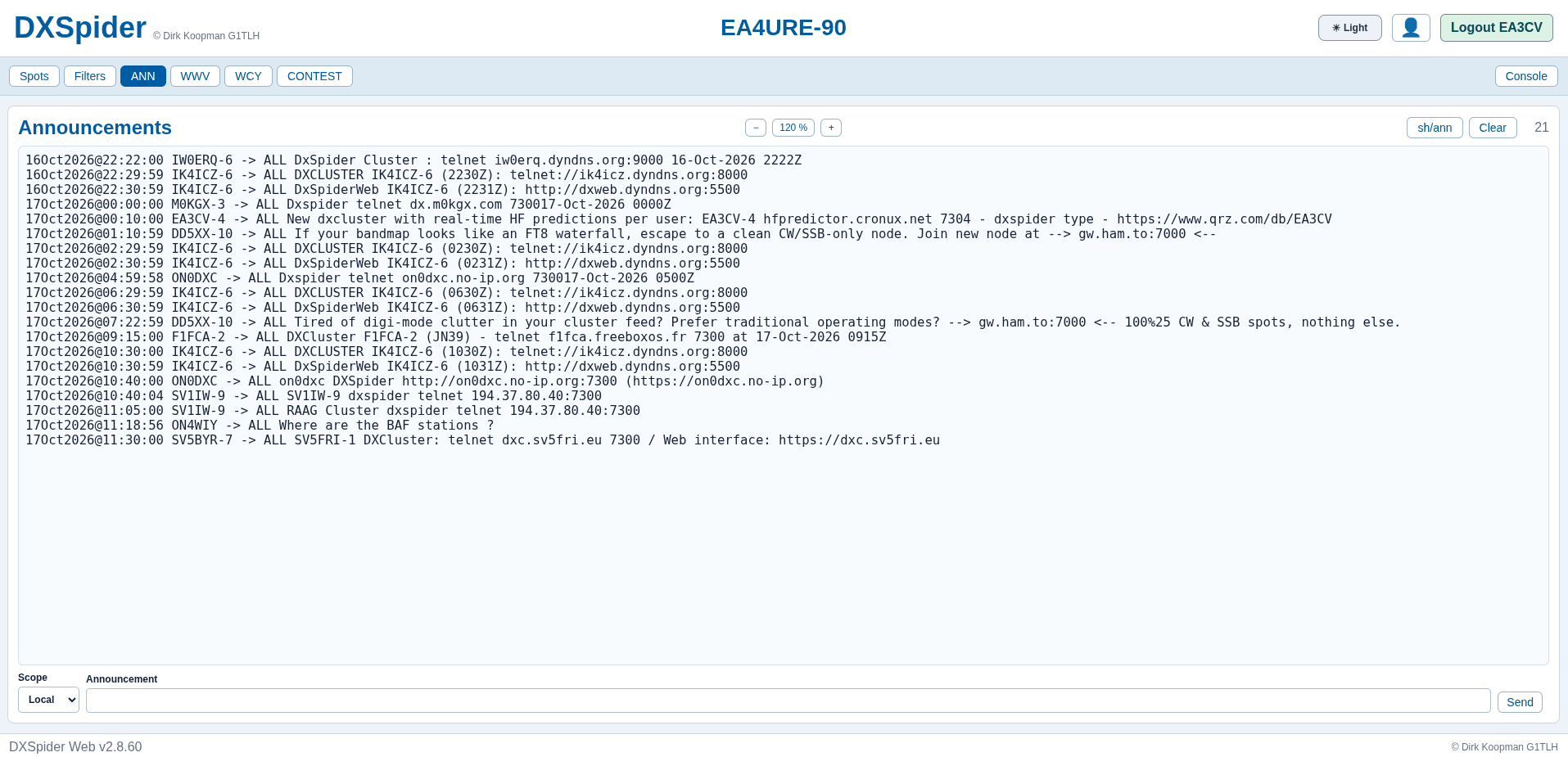 DXSpider DXWeb Announcements tab listing dated node-to-all messages from cluster nodes