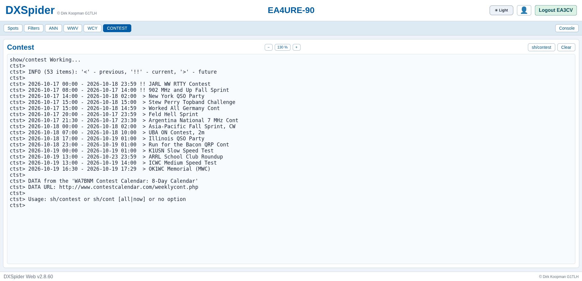 DXSpider DXWeb Contest tab showing WA7BNM contest calendar entries with current and future markers