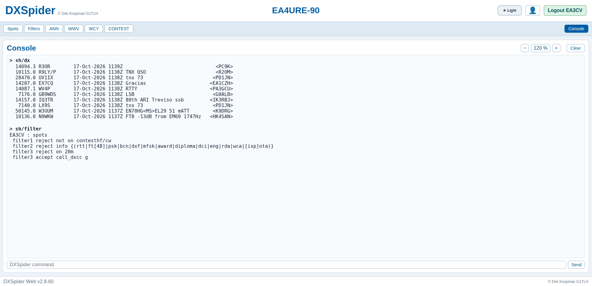 DXSpider DXWeb Console tab running sh/dx and sh/filter commands with monospaced output