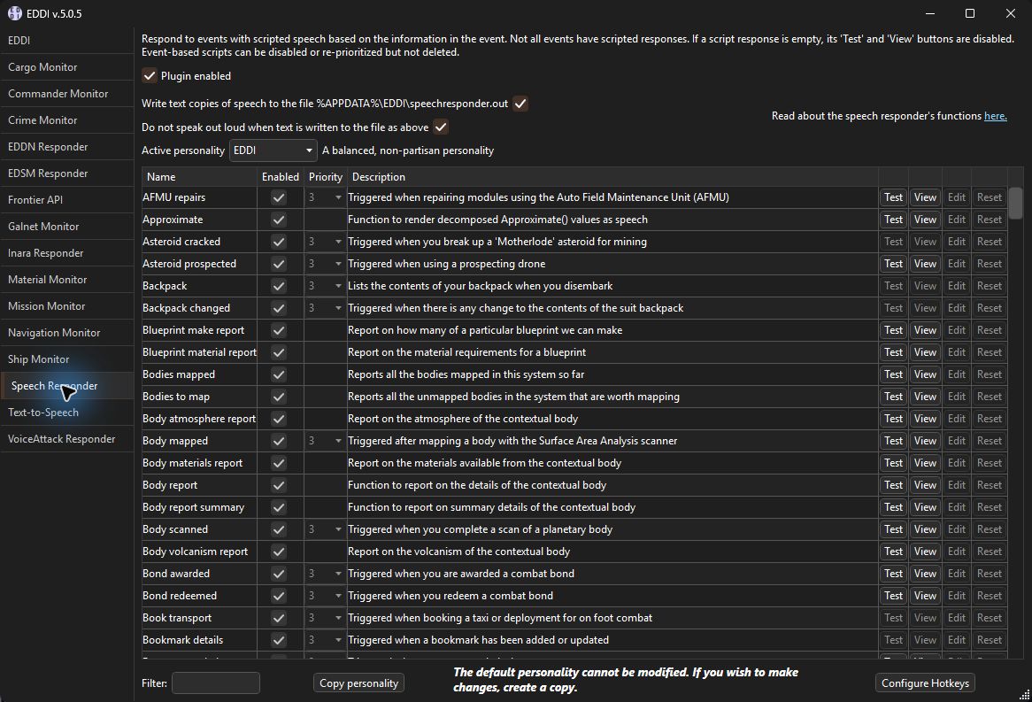 Speech Responder lists event scripts, priorities, descriptions, and test controls