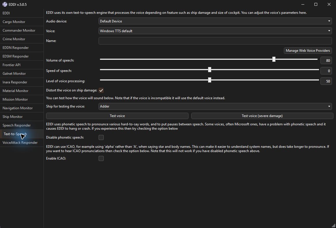 Text-to-Speech settings include voice, audio device, volume, speed, and processing controls