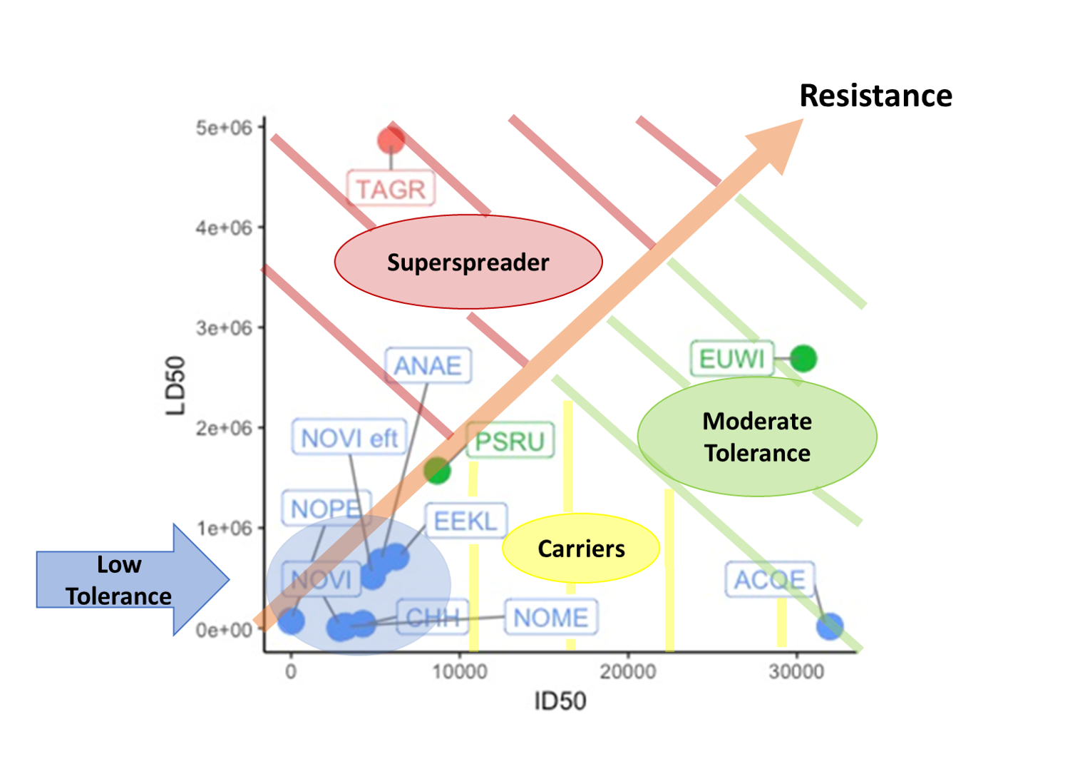 **Graph showing categories of susceptibility and clustering of species based on ID50 and LD50 values**