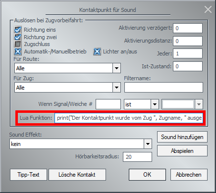 Screenshot des Kontaktpunktdialogs mit hervorgehobener Lua-Funktion