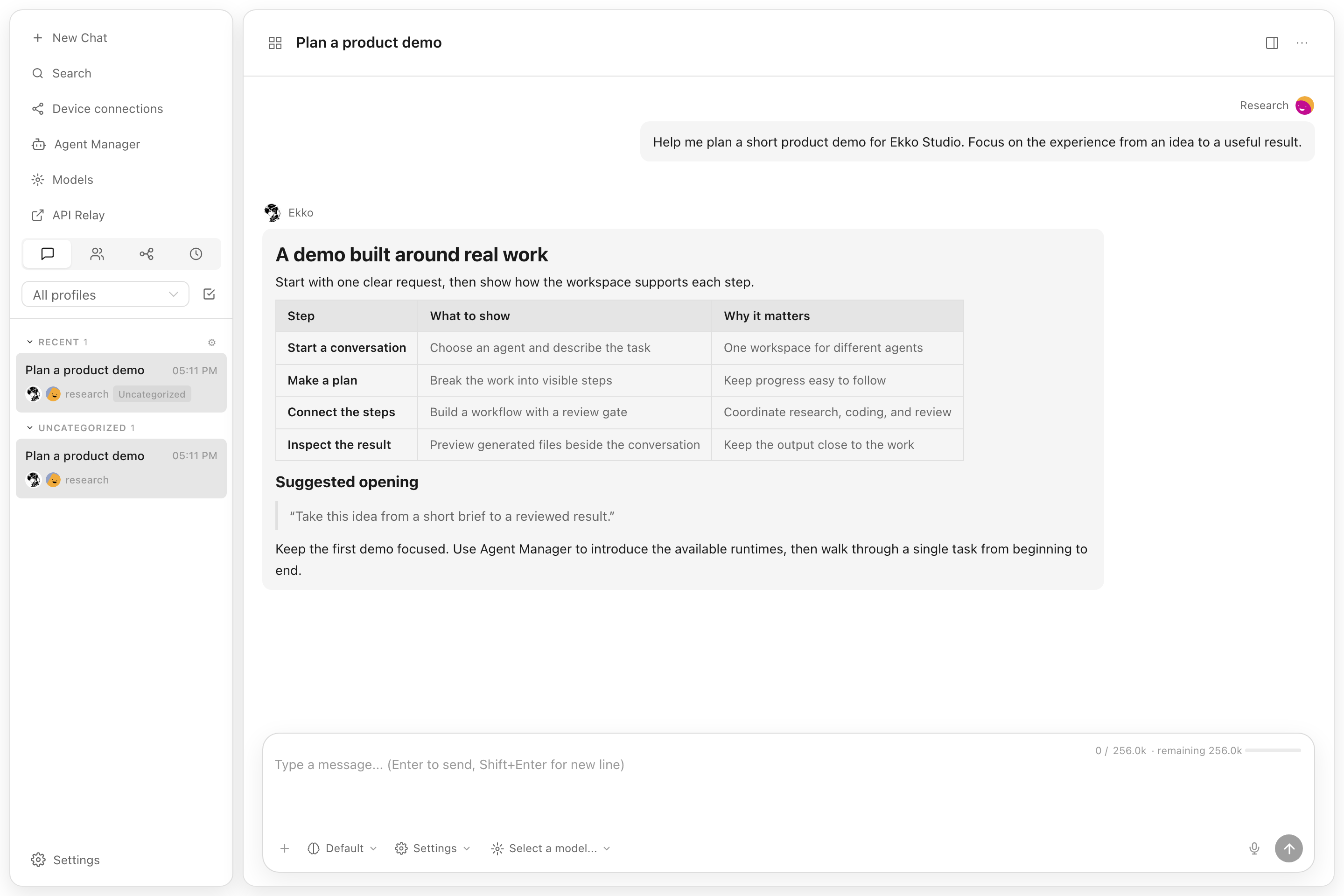 Ekko Studio workspace with an example conversation
