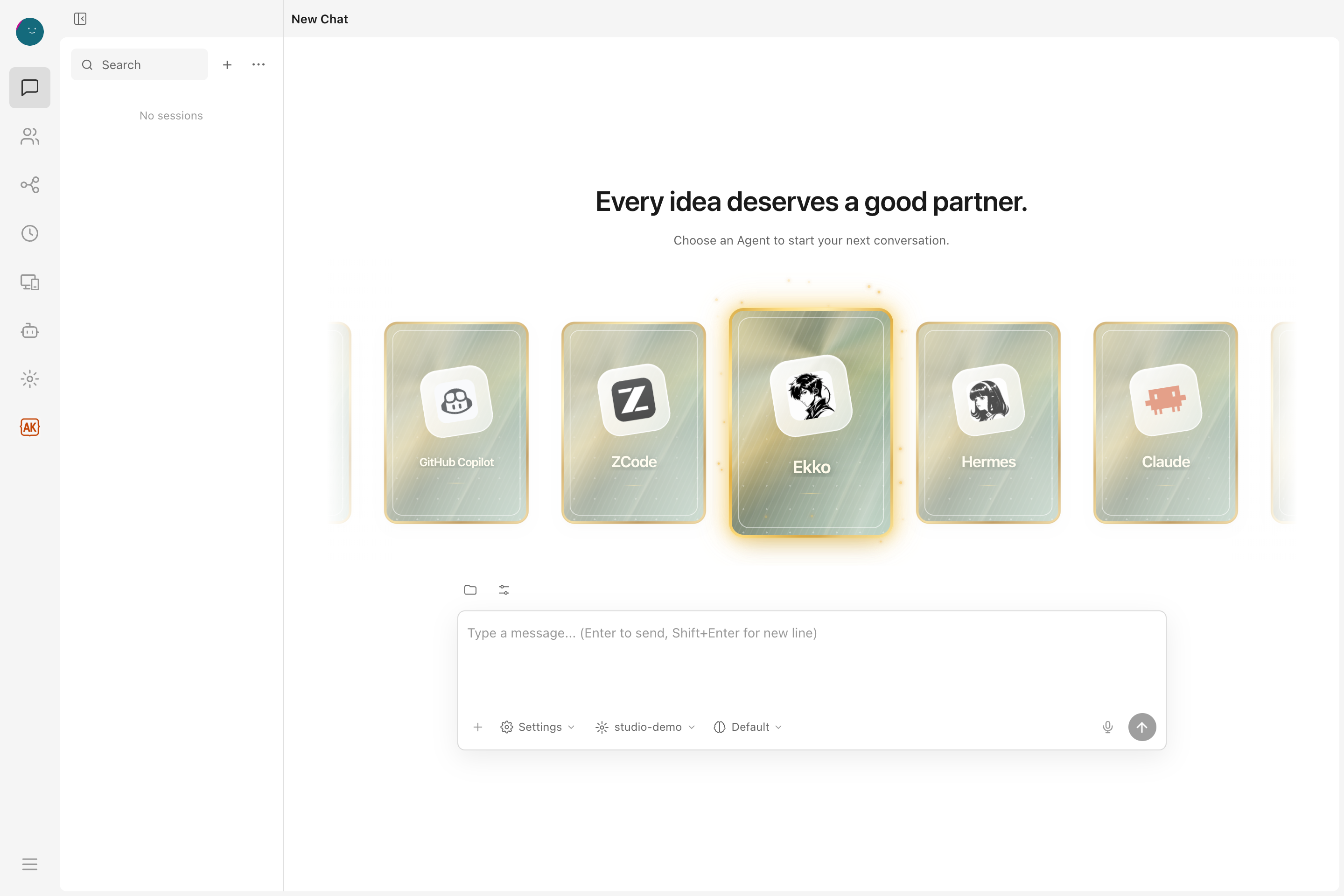 Ekko Studio new-chat page with Agent cards and a shared composer