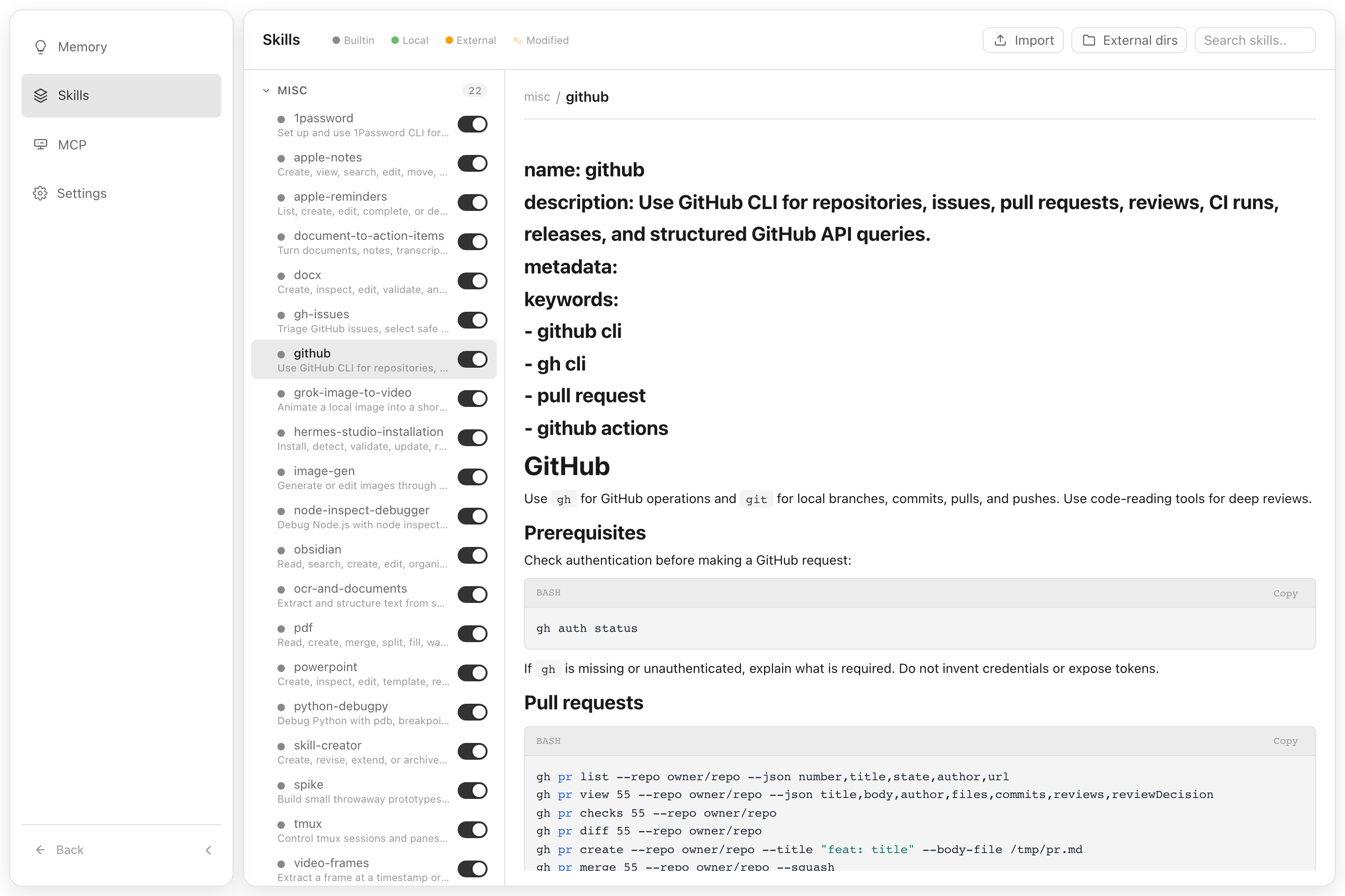 Ekko Agent Skills browser showing the GitHub skill