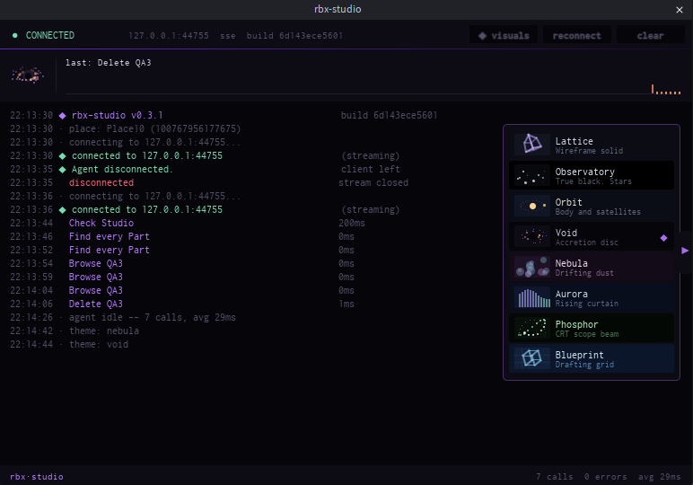 The Studio MCP panel: a live activity band, a call log with latencies, and the theme drawer open