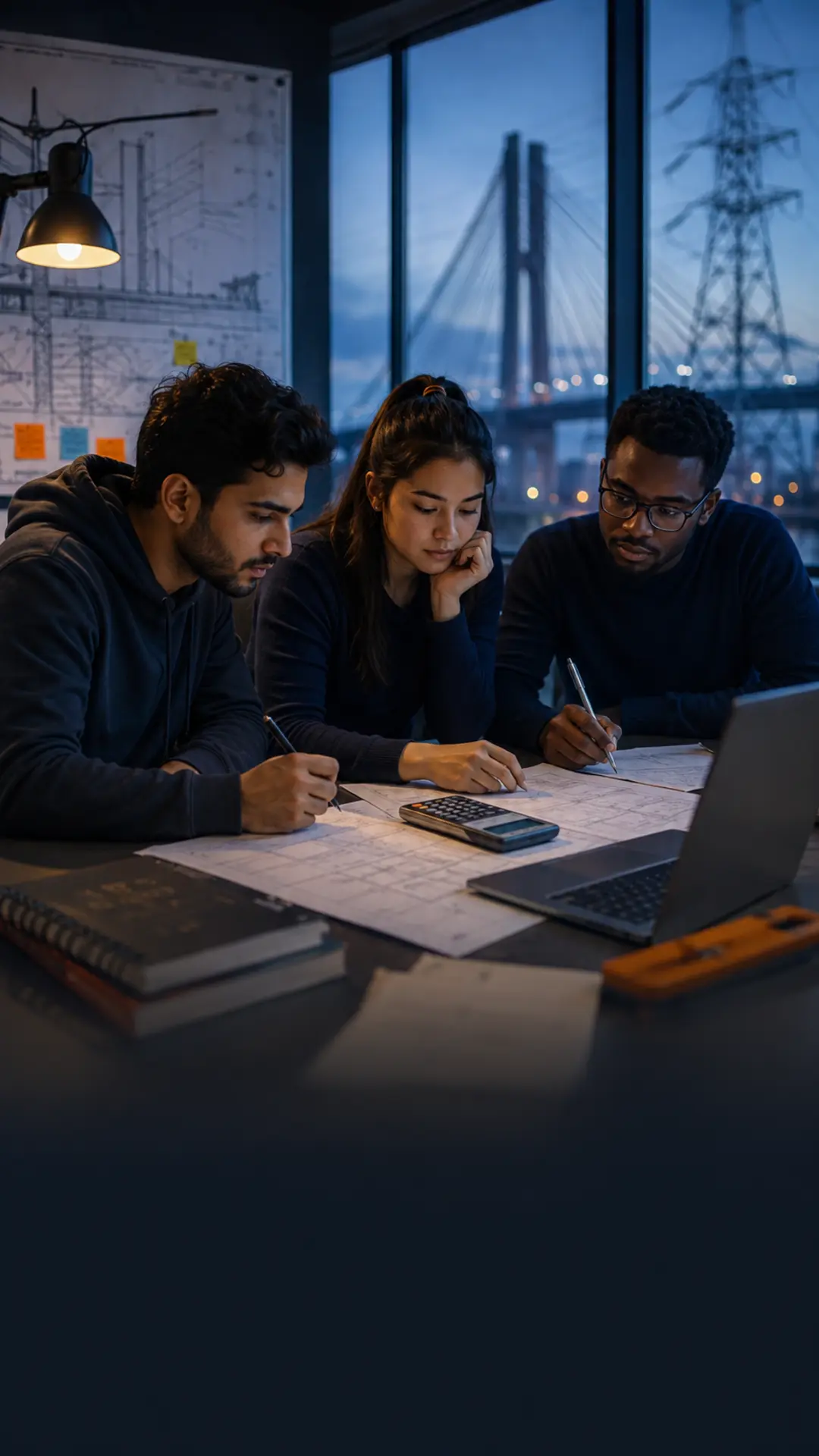 Engineering students planning their FE Exam preparation around blueprints and a laptop
