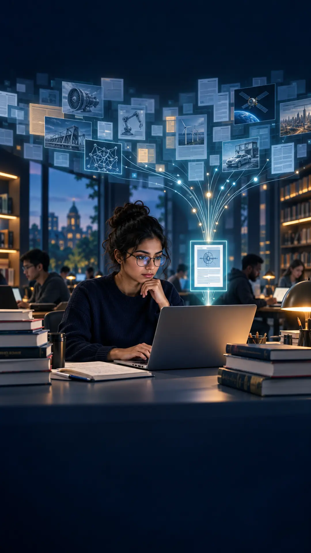 Graduate researcher narrowing a large collection of engineering literature into one focused research question