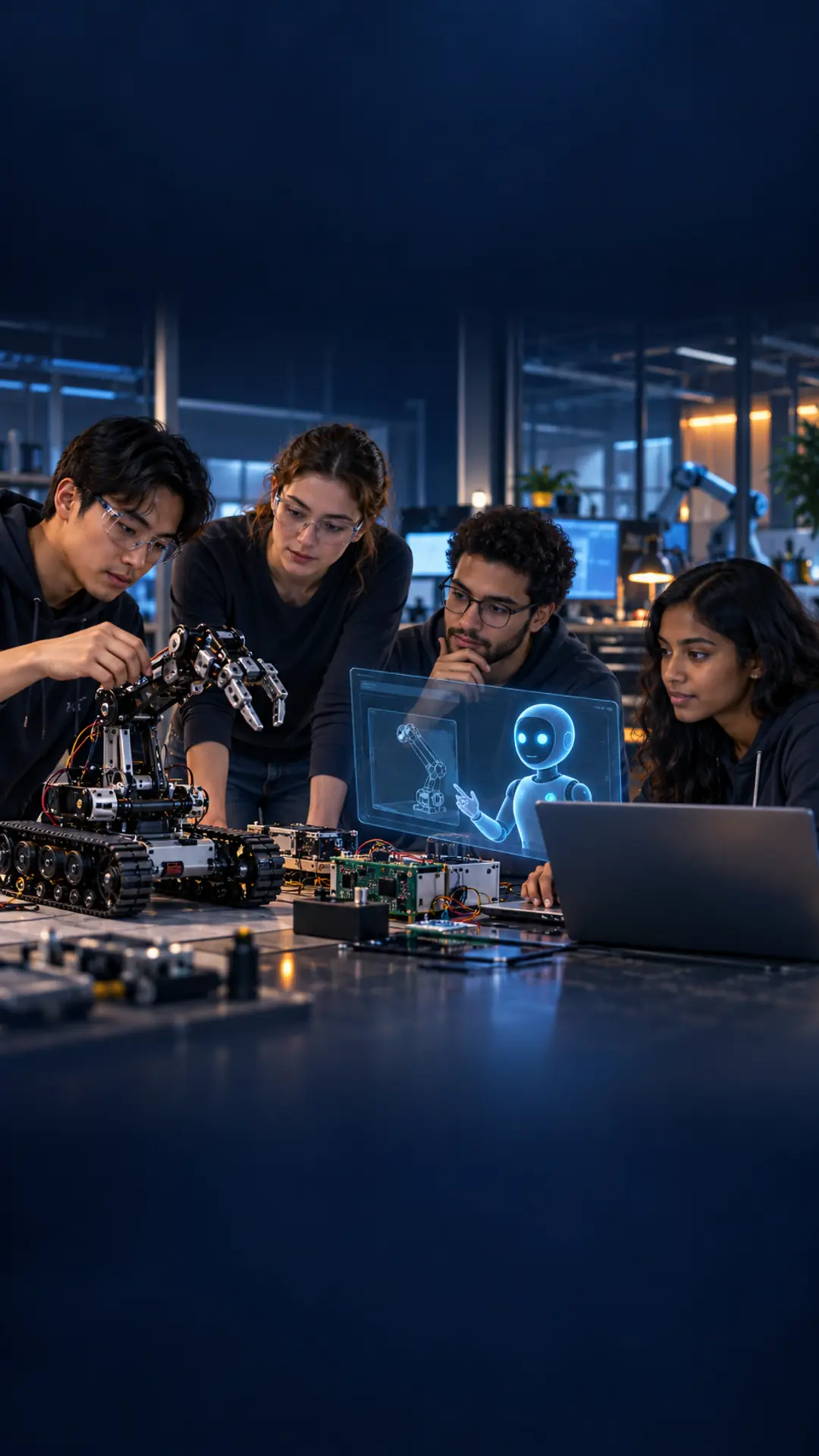 Engineering capstone team using an AI assistant while building and testing a robotic prototype