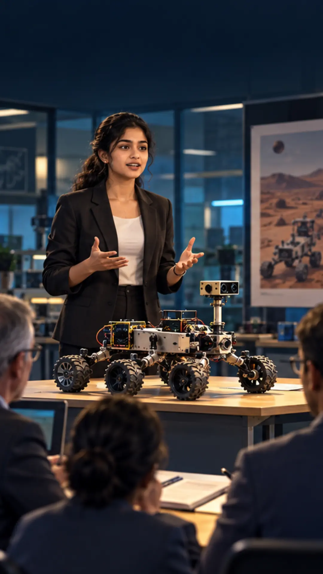 Engineering student presenting a working rover prototype to a faculty evaluation panel