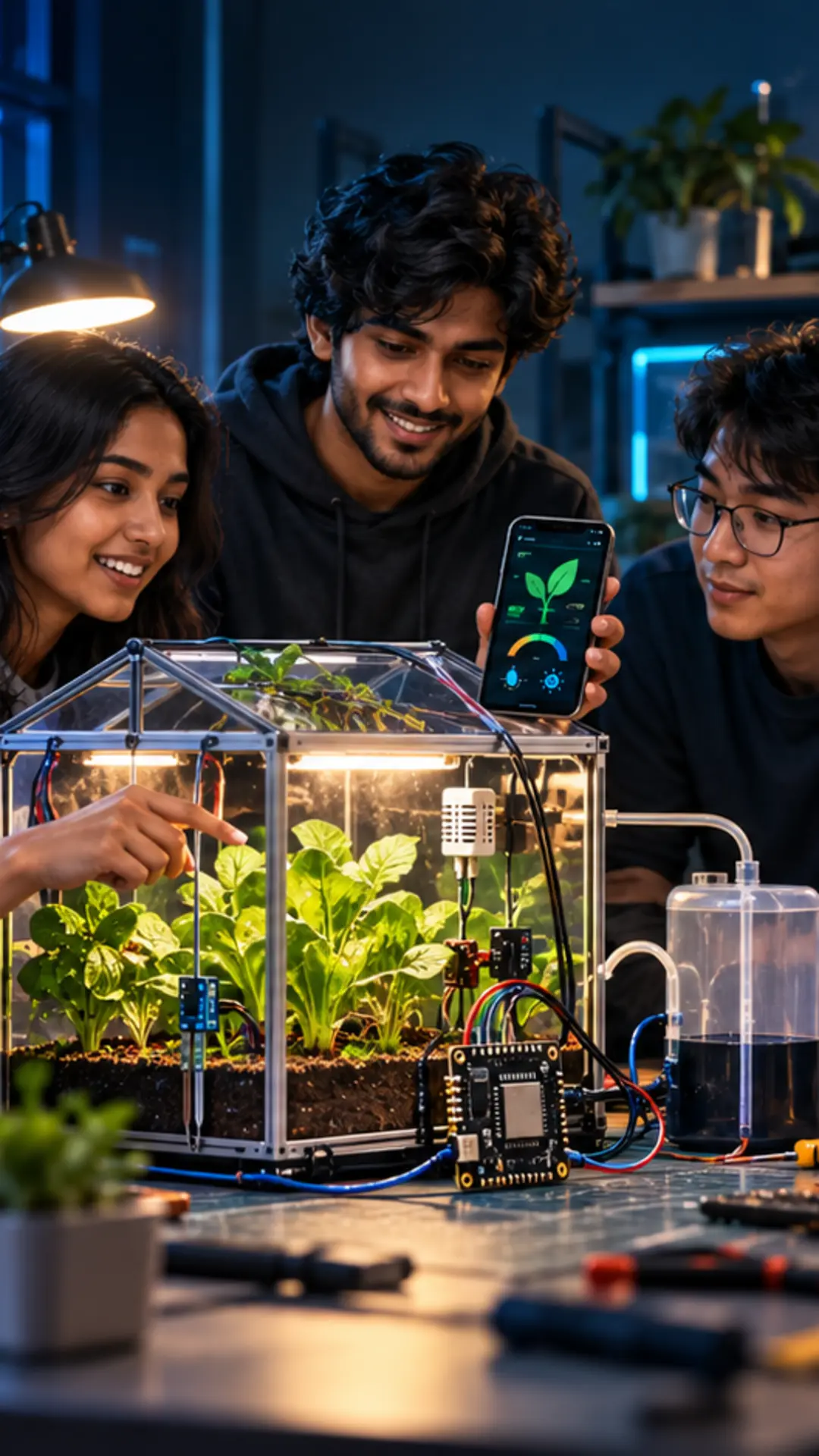 Engineering students demonstrating a connected smart-greenhouse prototype and mobile dashboard