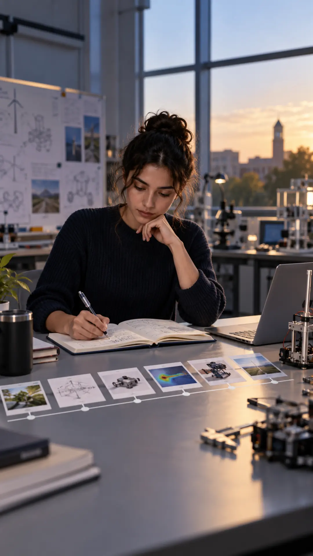 Graduate engineering student mapping a thesis plan beside a prototype and research notes