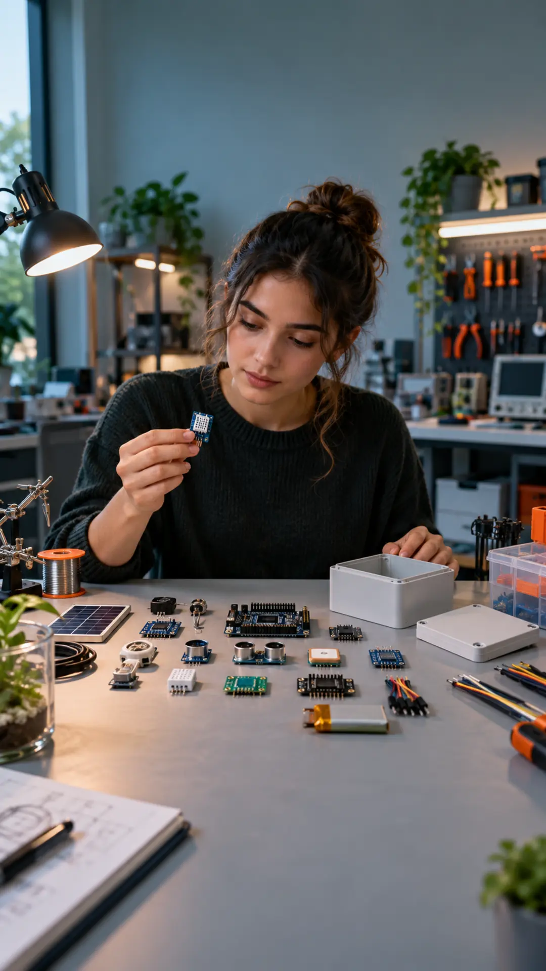Engineering student choosing sensors, controller, power module and enclosure for a prototype