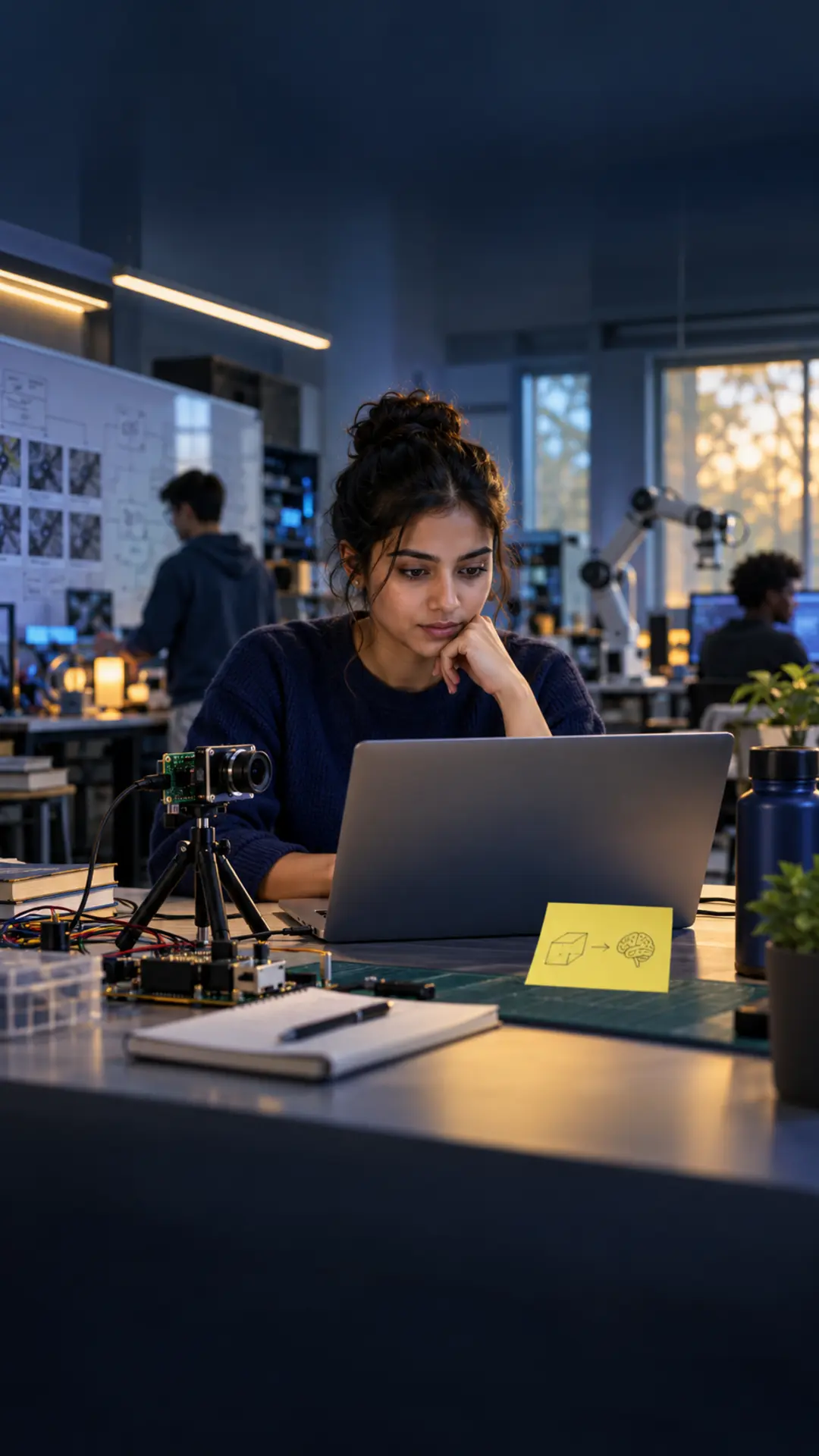 Engineering student beginning an AI research project beside an edge camera prototype