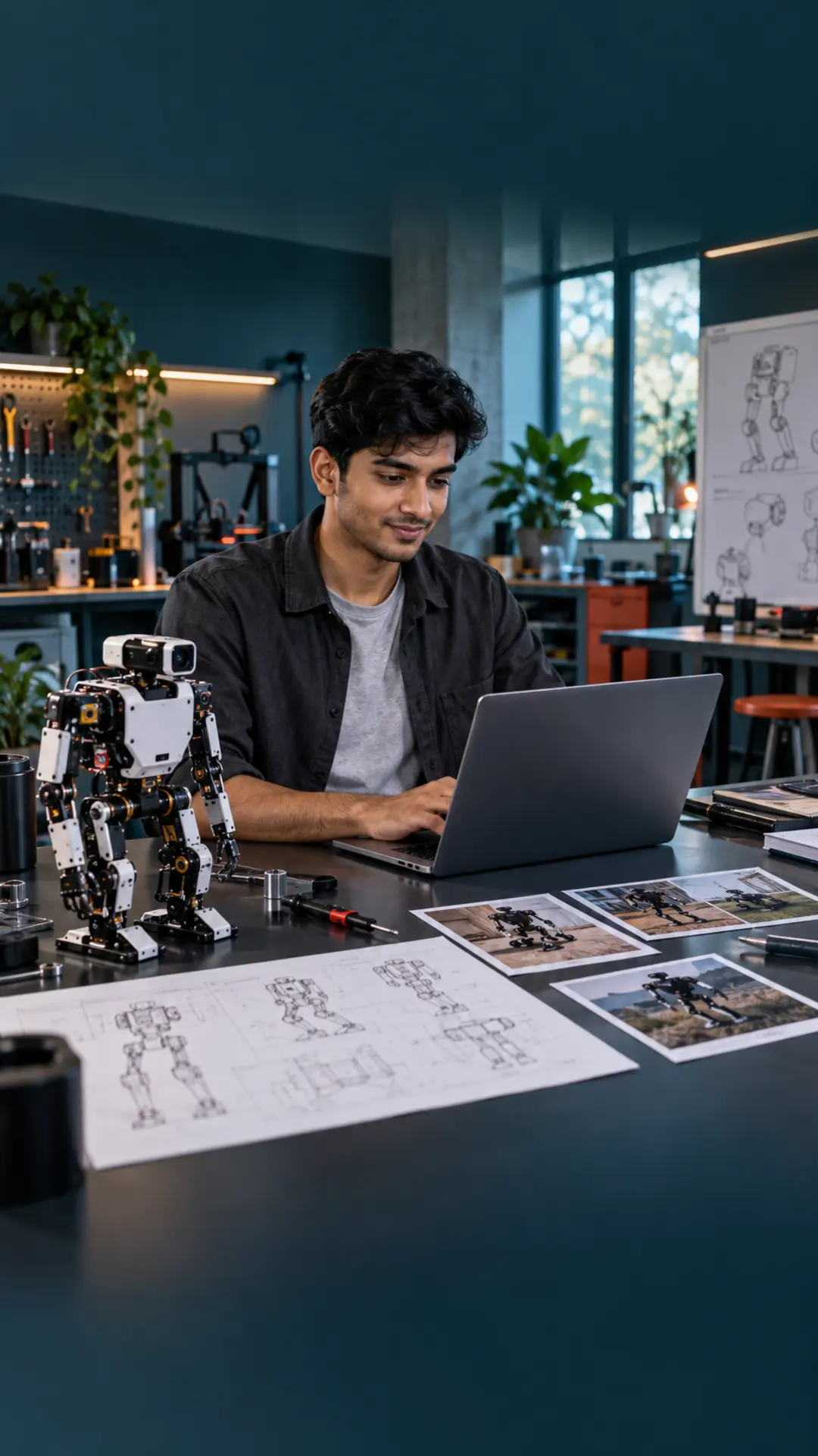 Engineering student curating a professional project portfolio beside a robot prototype