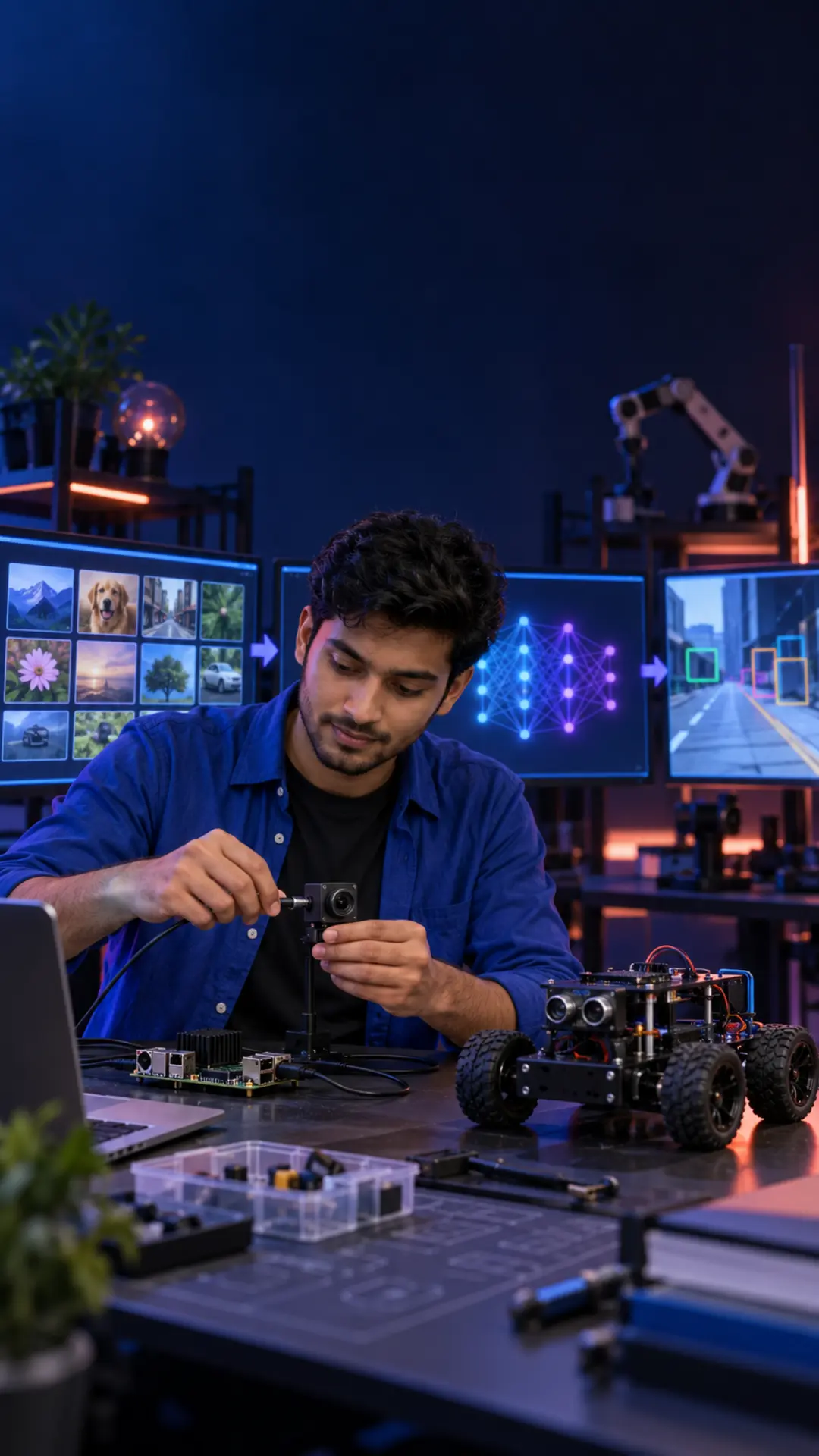 Engineering student connecting camera data, an AI model and a wheeled prototype end to end