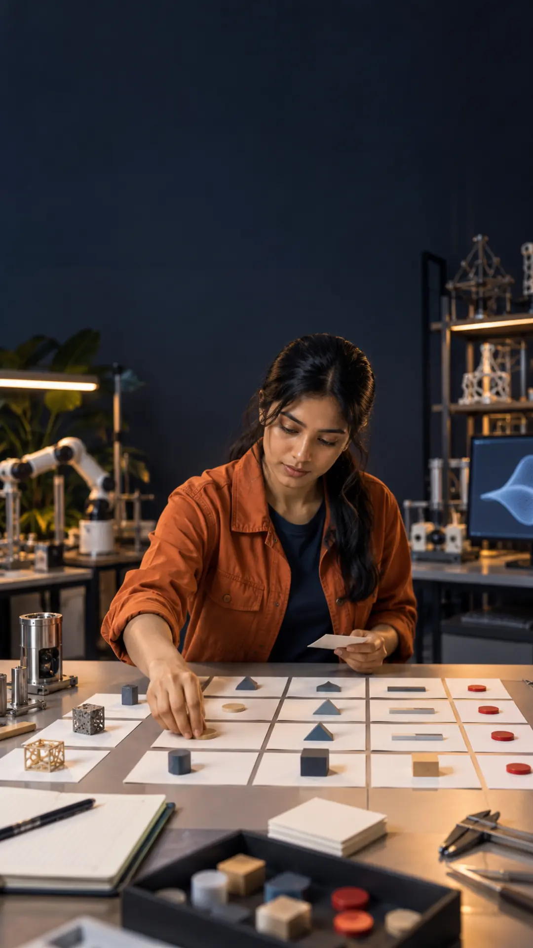 Engineering researcher linking a question, prototype, experiment and conclusion in a laboratory