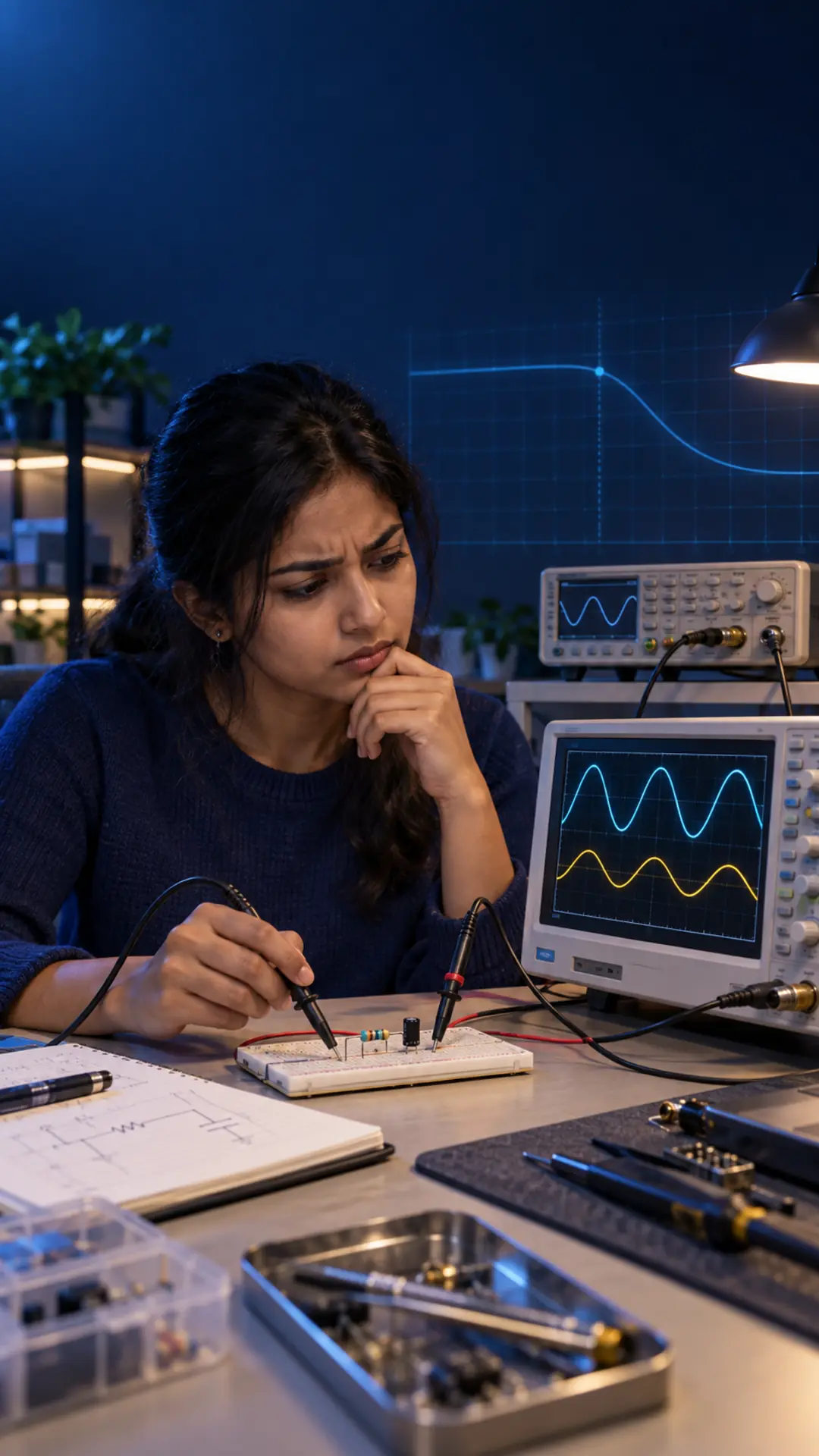 Electronics engineer comparing input and attenuated output on an RC low-pass filter bench