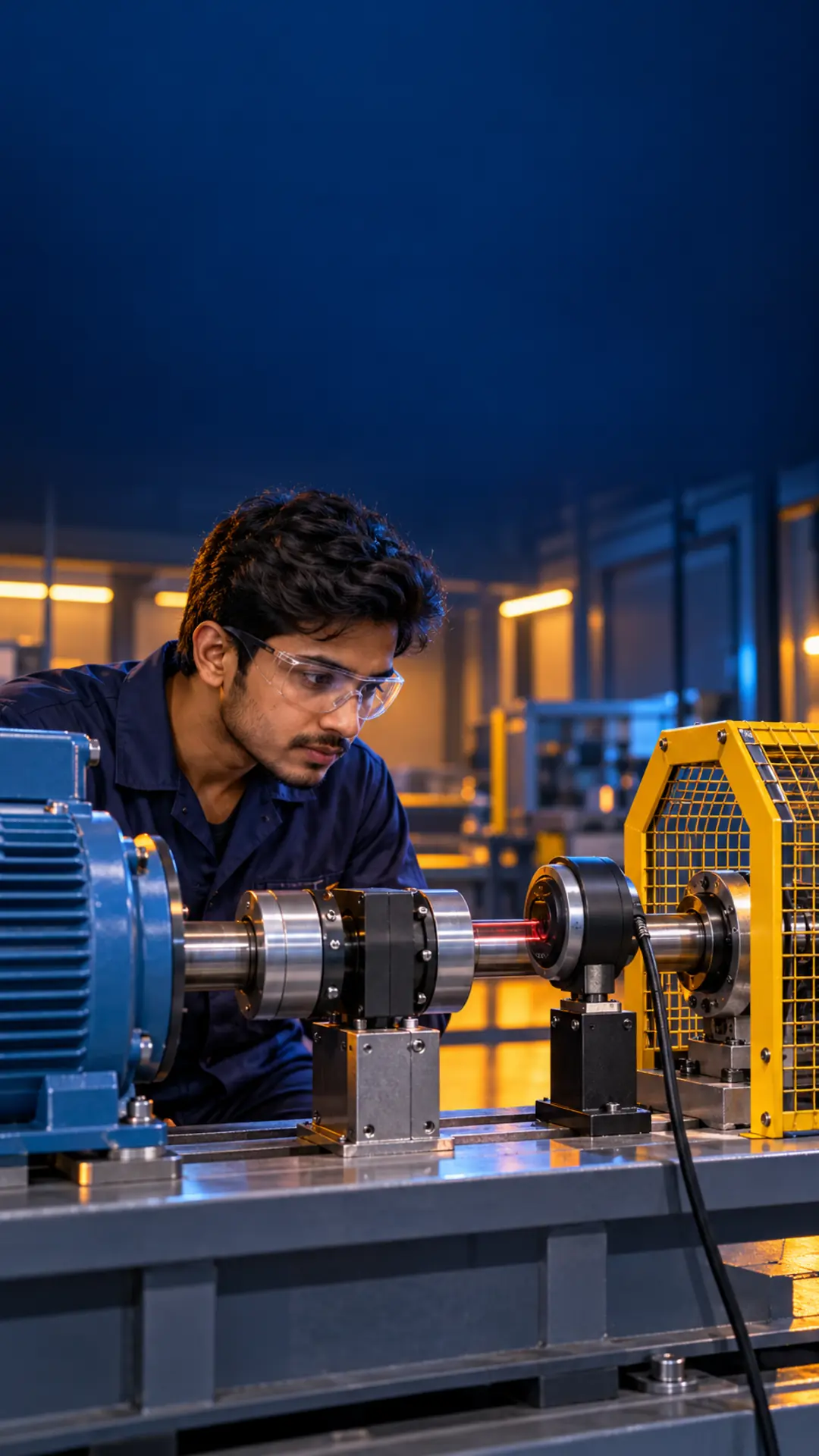 Mechanical engineer inspecting a motor-driven shaft and torque measurement rig