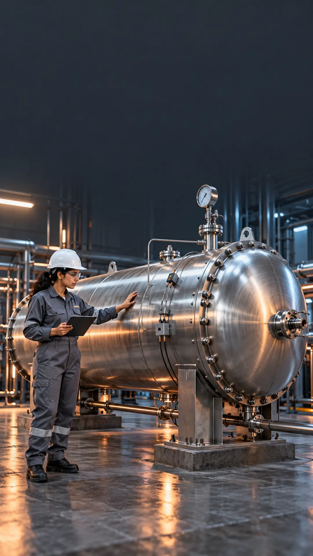Pressure vessel engineer inspecting a thin-walled cylindrical test vessel