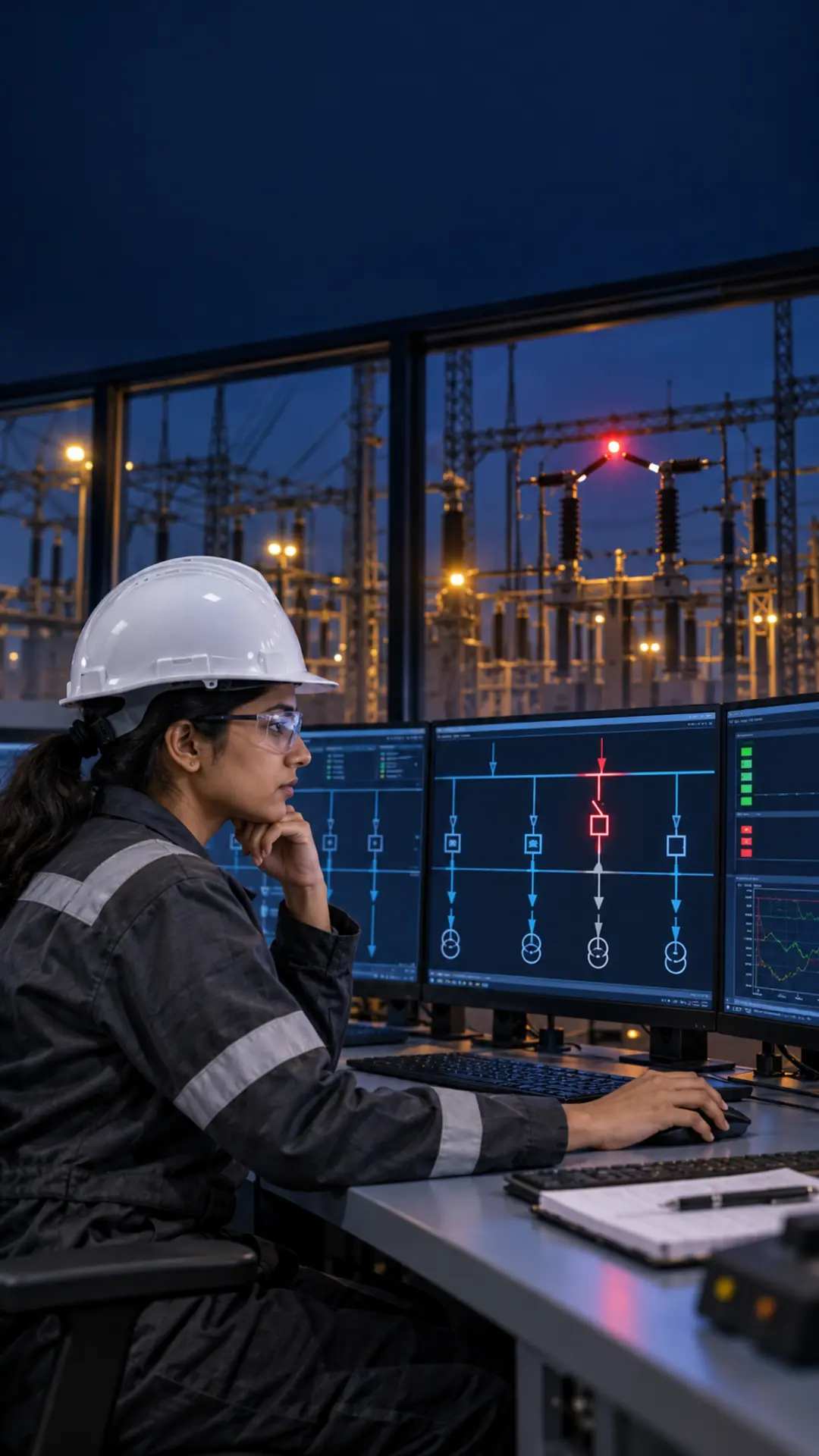Protection engineer observing a falling grid-frequency trend after a disturbance