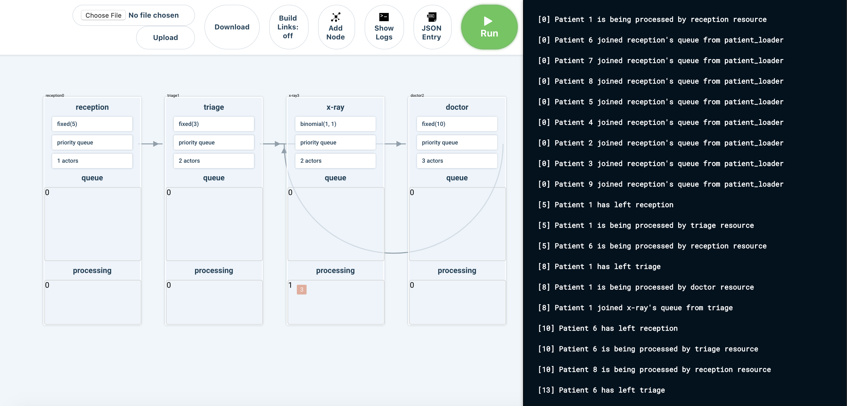 Simulation logs after running application: