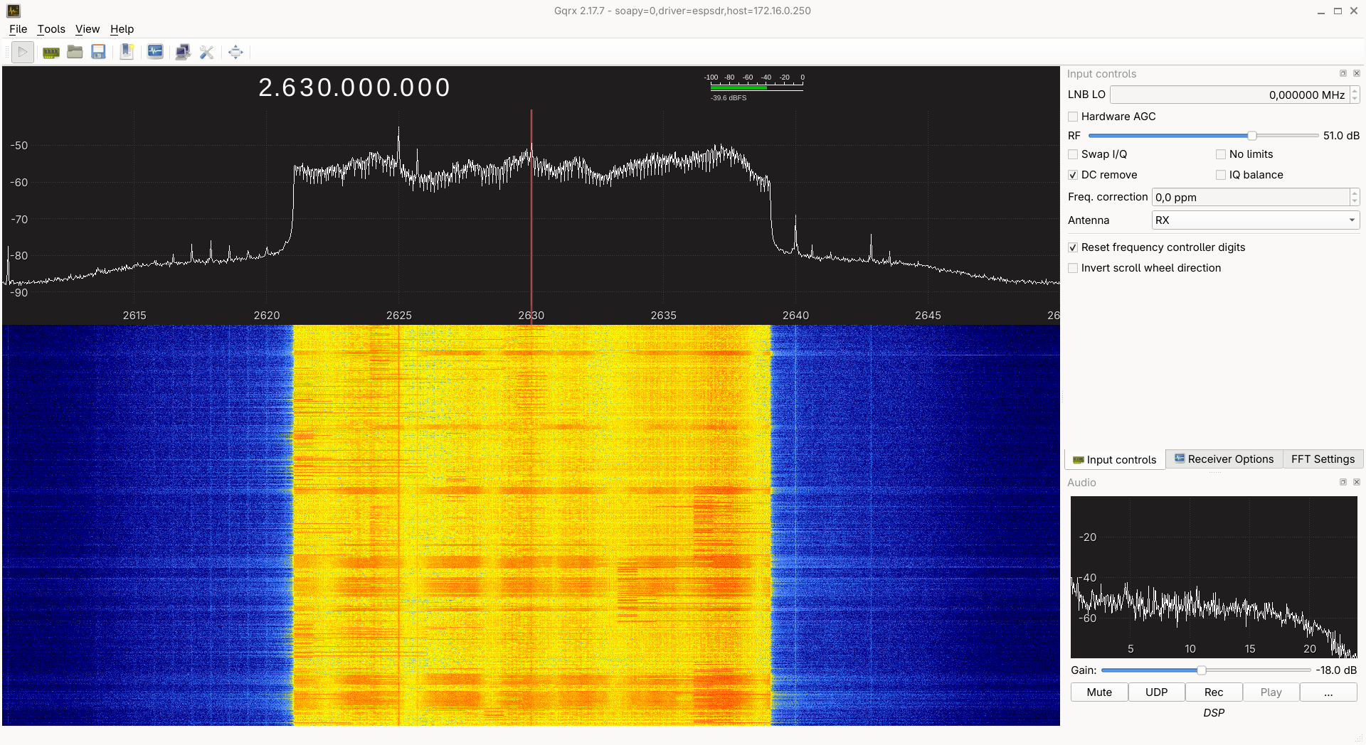 Gqrx displaying an LTE signal at 2.63 GHz, continuously sampled at 40 MSa/s over Ethernet with an ESP32-S31 and SoapyESPSDR.
