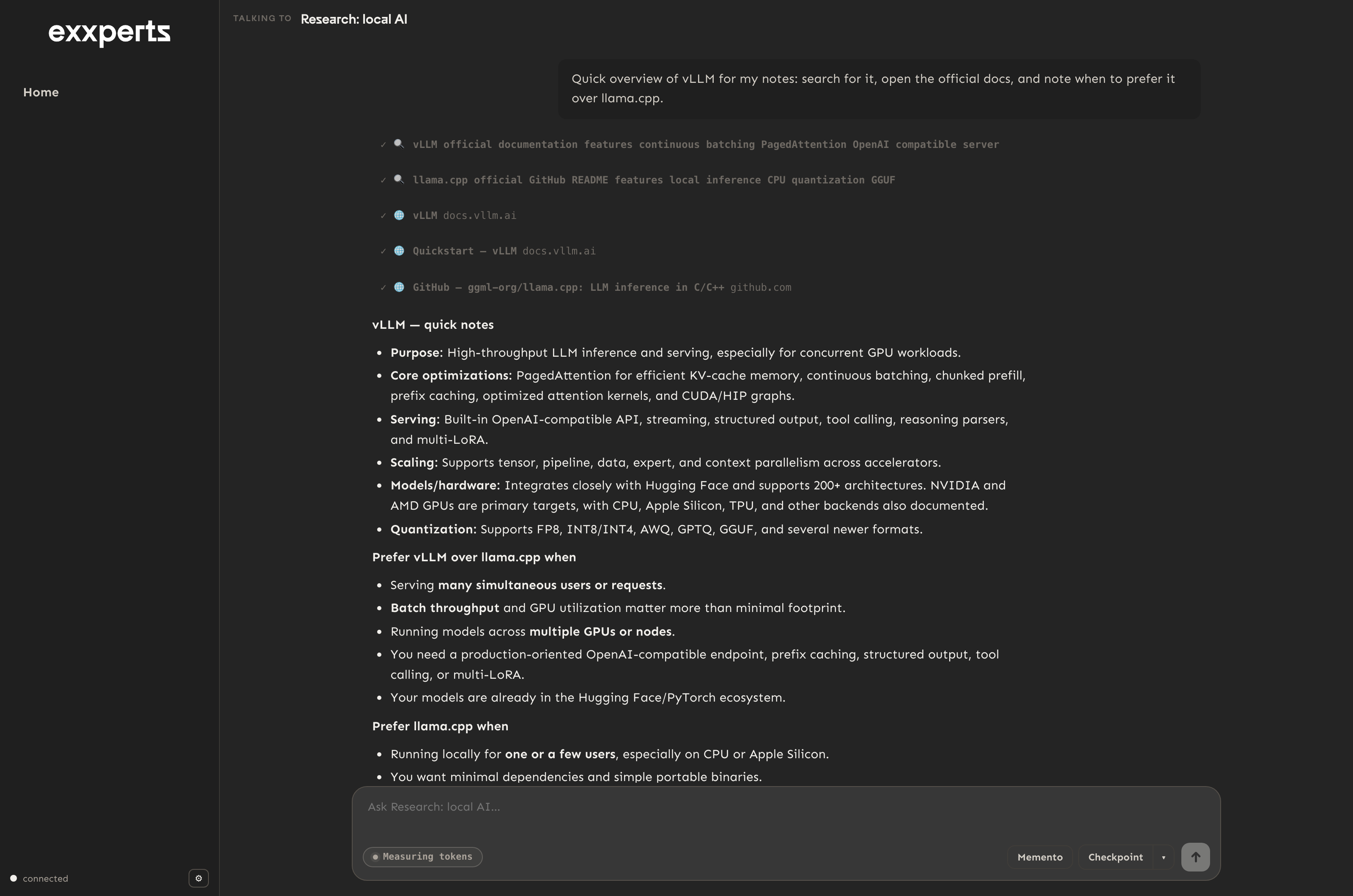 A persistent room researching local AI serving: web searches and the official docs appear as source chips above distilled notes