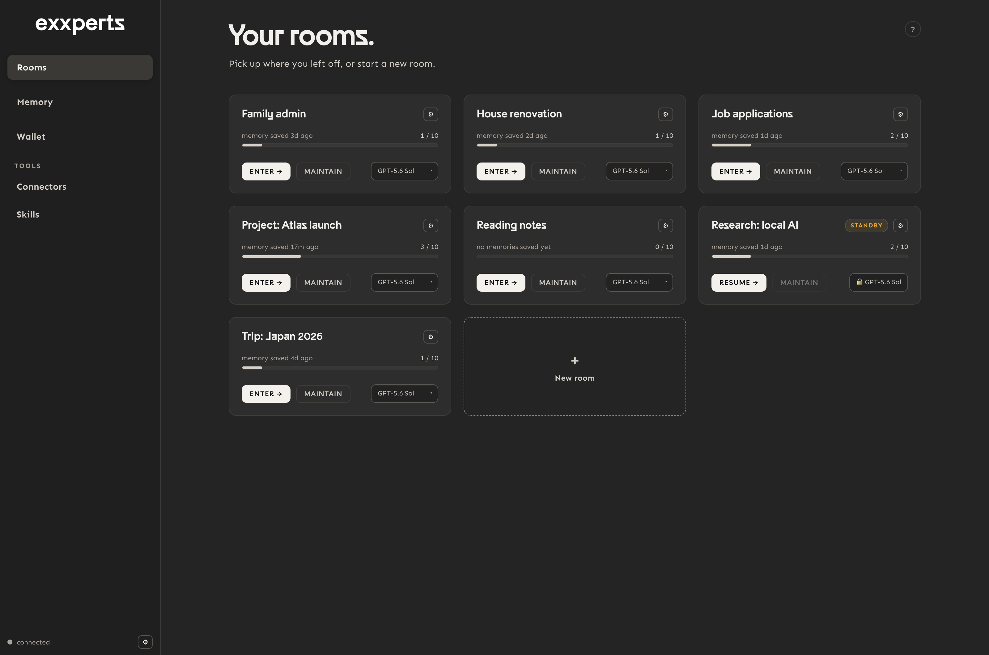 The exxperts launcher: seven persistent rooms from Project: Atlas launch to Trip: Japan 2026 and Family admin, each with its own governed memory
