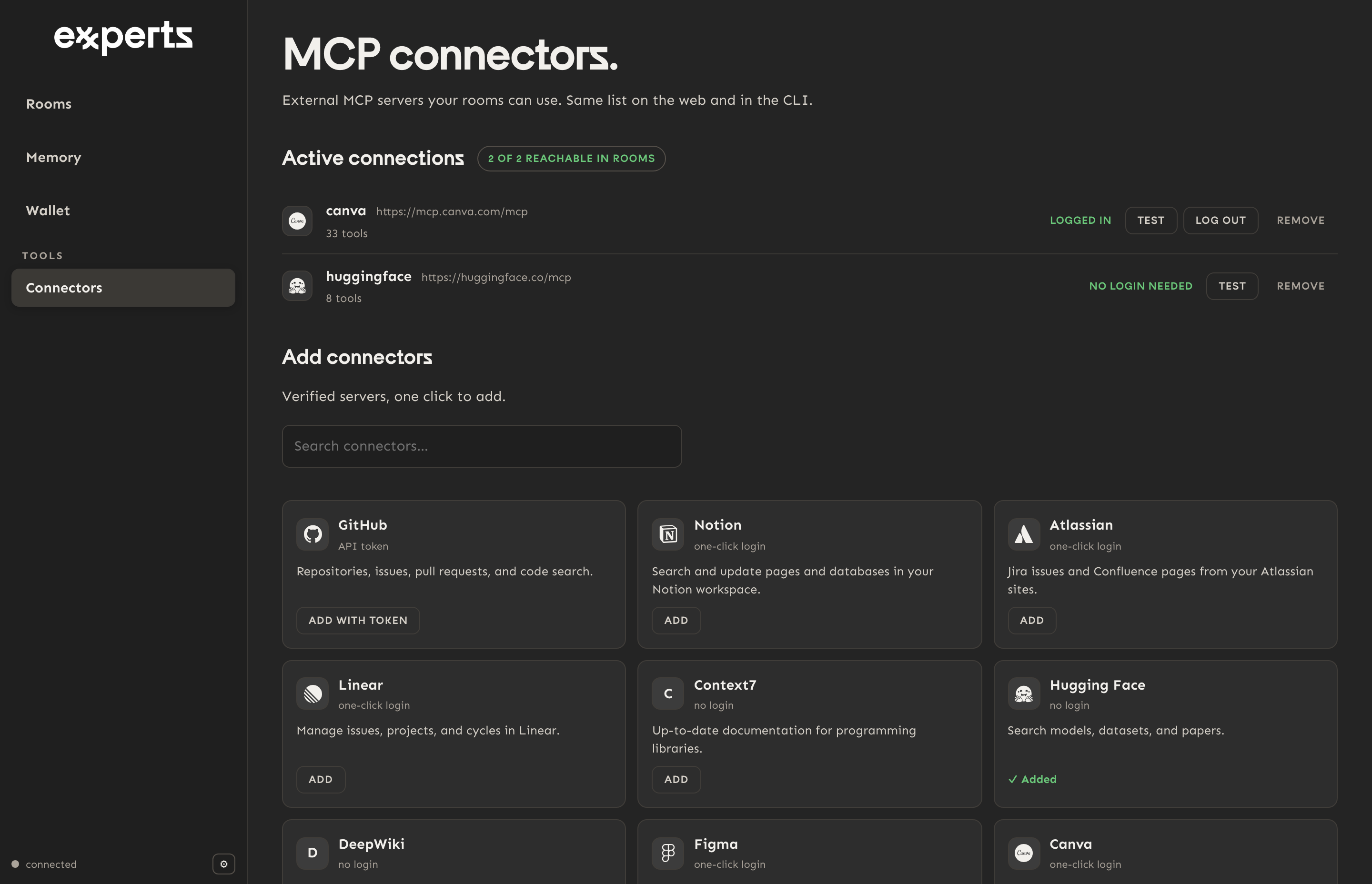 连接器页面:一个经过验证的 MCP 目录,支持一键 OAuth 登录,并在 Web 应用程序和 CLI 之间共享