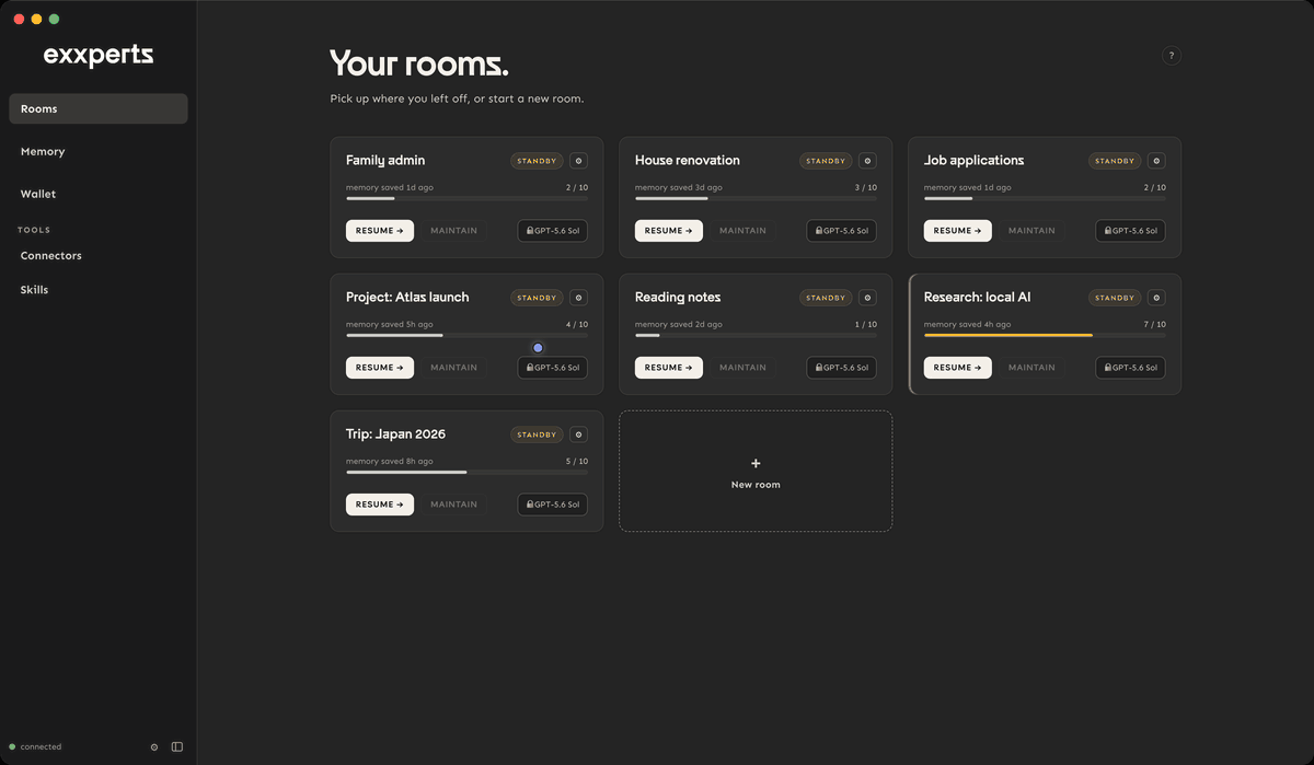 A three-act tour: ask and the room searches the live web; Checkpoint proposes what to remember and you edit the proposal before approving it; the memory page links the saved memory back to the exact conversation it came from