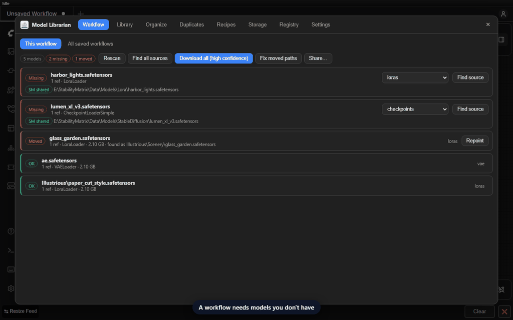 Finding and downloading a workflow's missing models