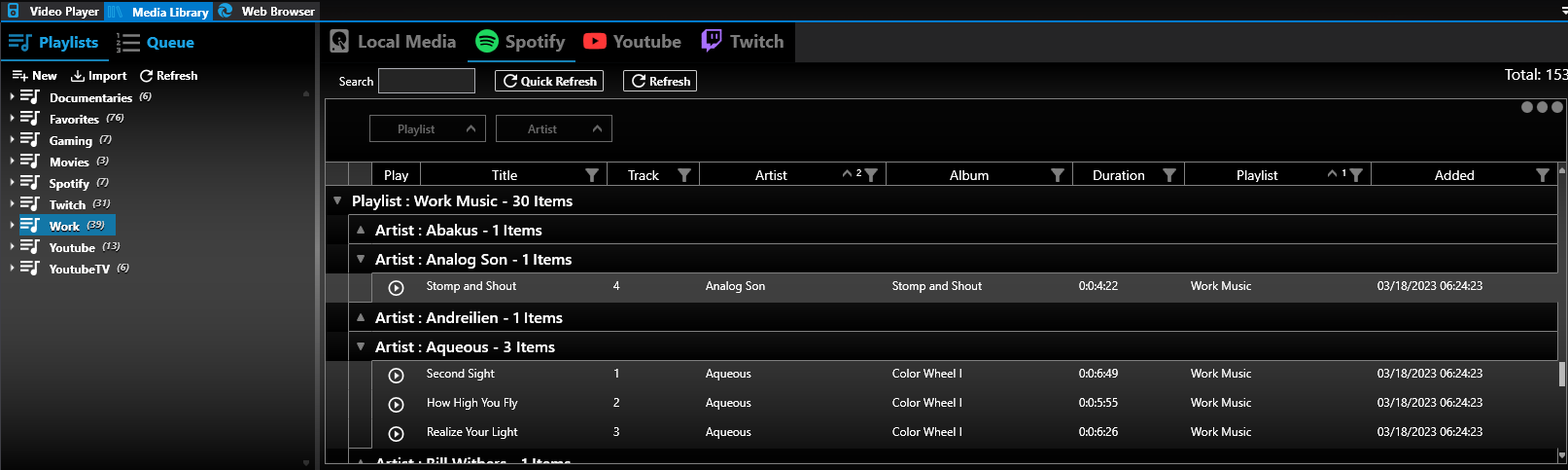 Media library with dock-able/tabbed UI supporting advanced filtering and multi-level grouping