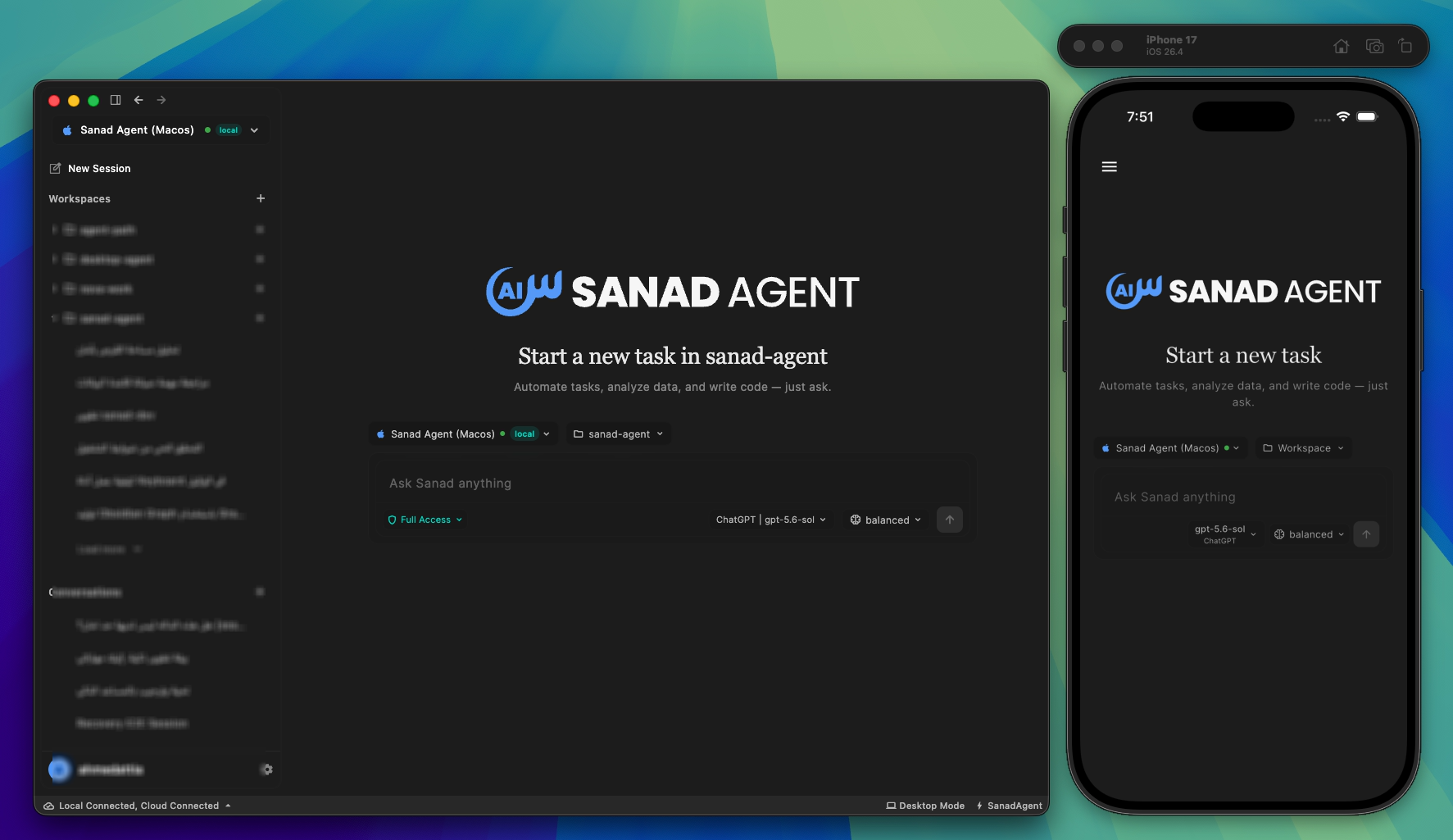 Sanad running on macOS alongside the iPhone Simulator