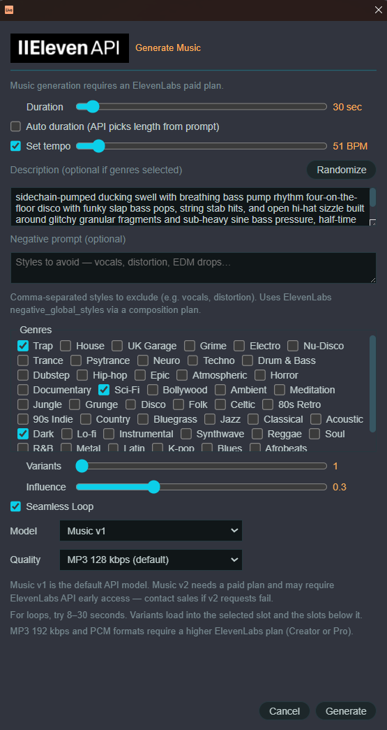 Generate Music modal