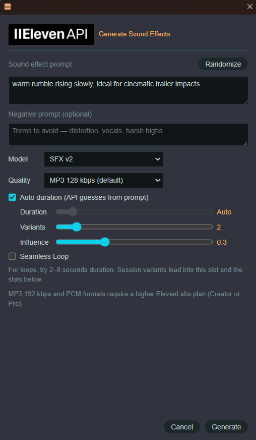 Generate Sound Effects modal