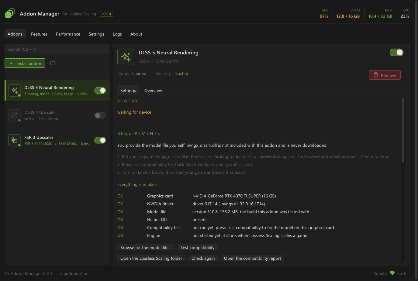 DLSS 5 no Lossless Scaling no Addon Manager 0.9.4