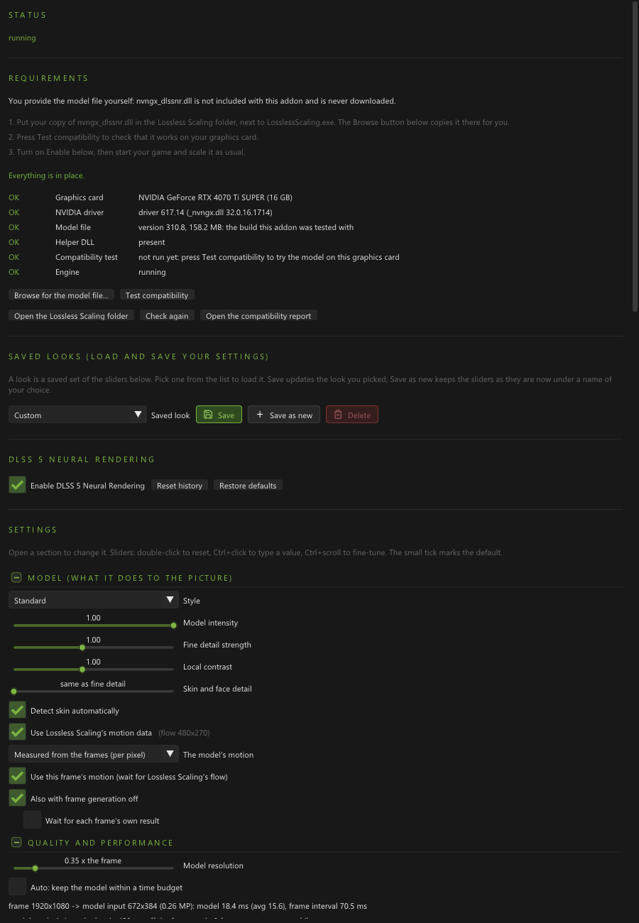Painel de configuração do Neural Rendering no Addon Manager 0.9.4
