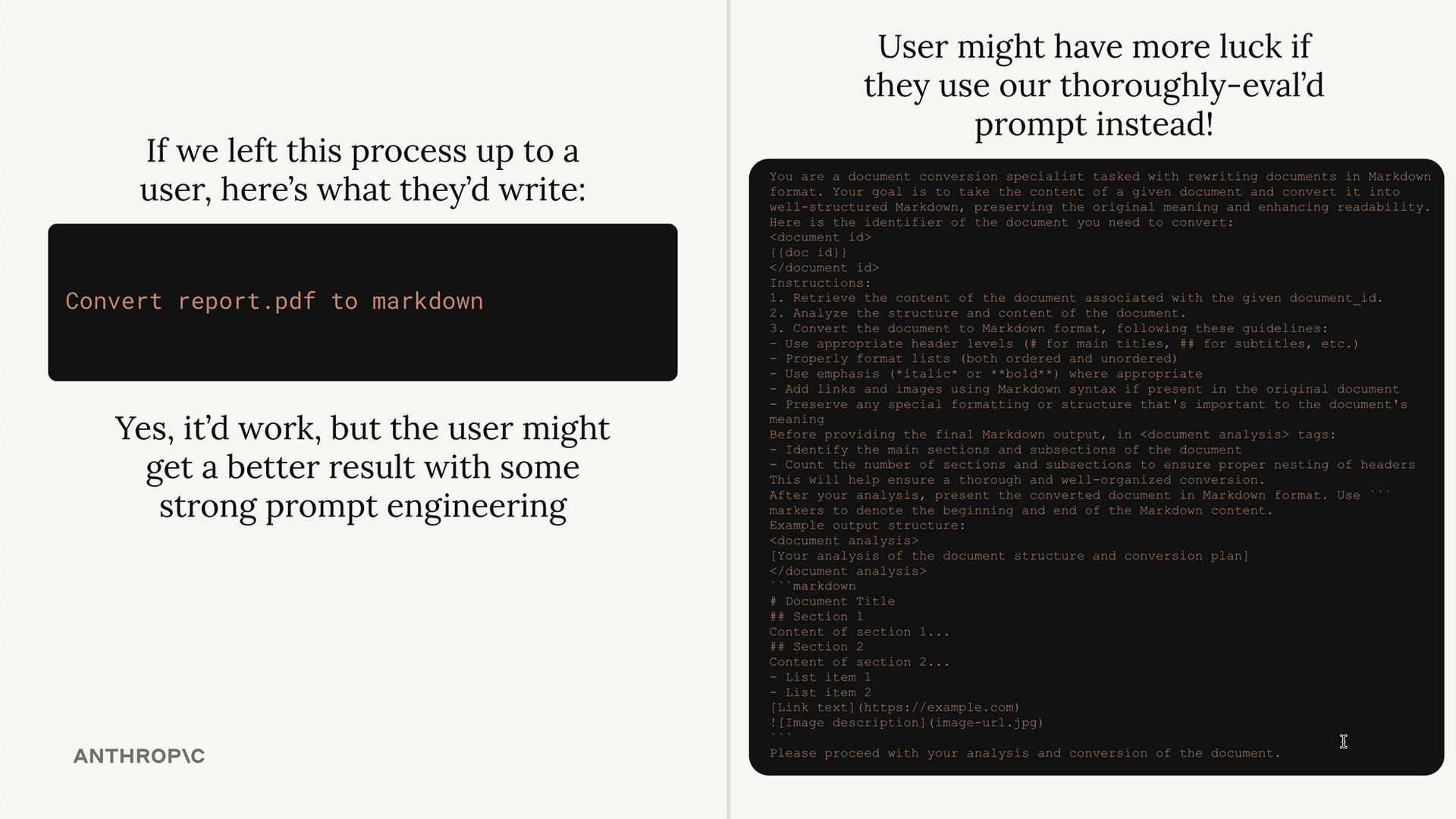 Side-by-side comparison of the short prompt a user would write — &ldquo;Convert report.pdf to markdown&rdquo; — versus the much longer, thoroughly evaluated prompt an MCP server author can provide instead