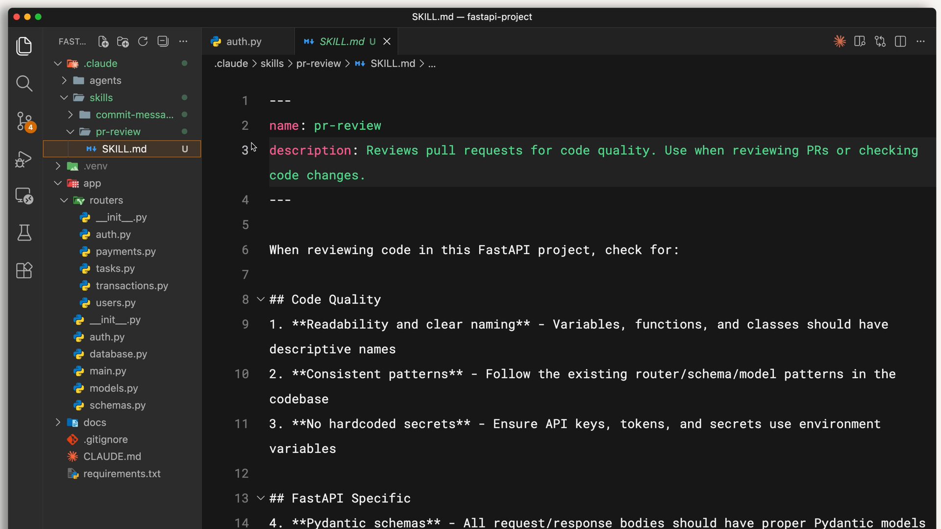 The pr-review SKILL.md open in a code editor, with review checks such as no hardcoded secrets and Pydantic schemas.