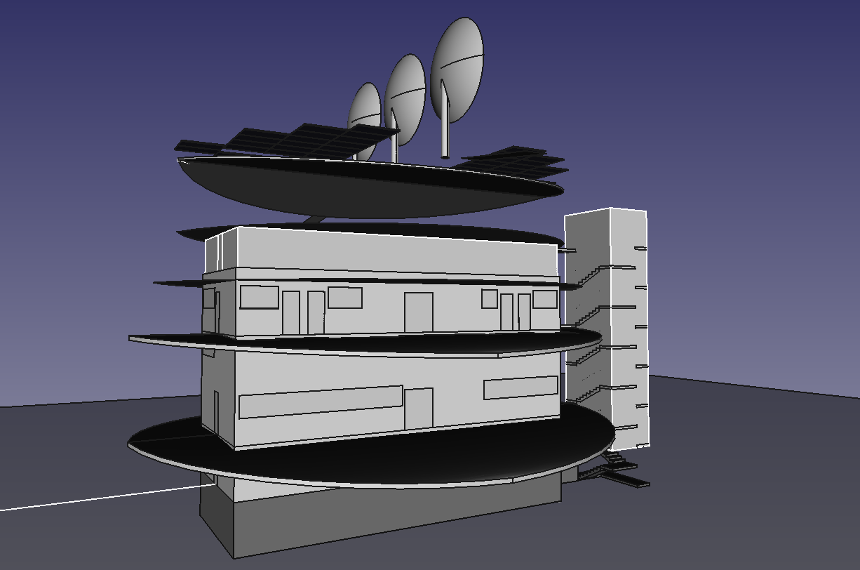 Screenshot of a CAD file showing a 5-storey structure with 3 large parabolic solar concentrates on the rooftop