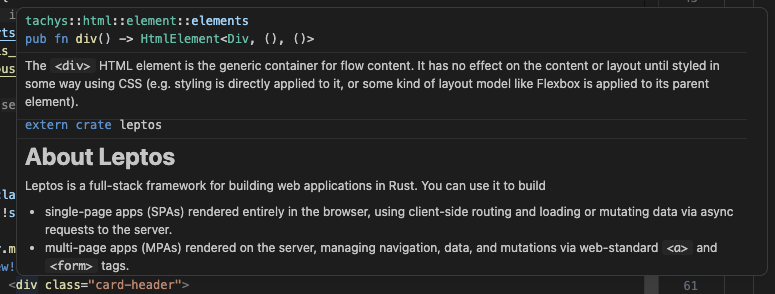 Leptos view! hover info with useless crate-level docs