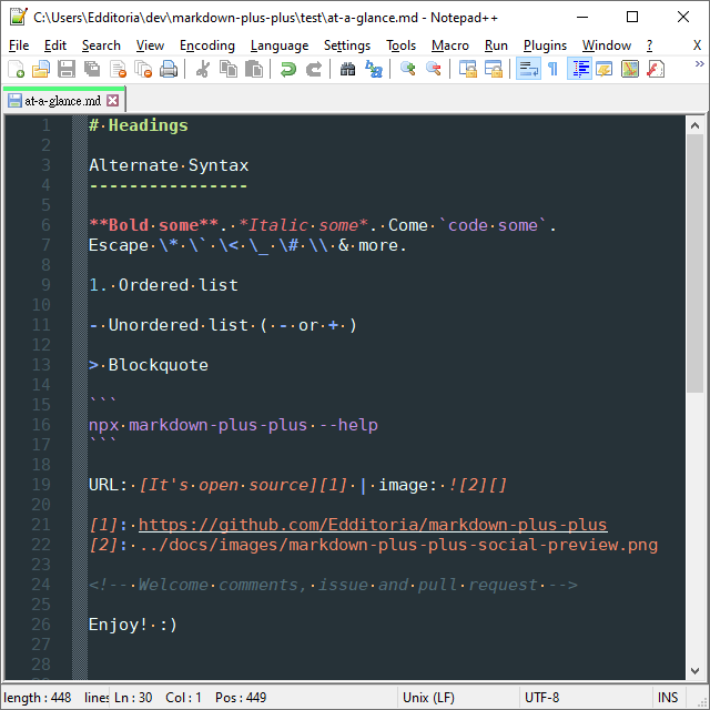 Markdown in Material Theme in Notepad++
