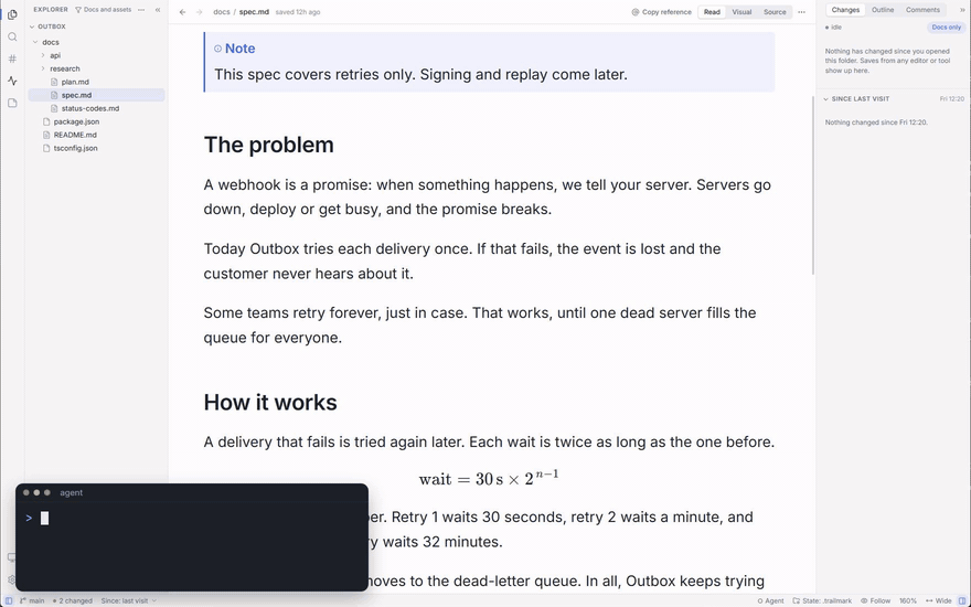An agent rewrites a paragraph of a spec and the passage glows in PerMark, a removed paragraph leaves a marker; the reader selects the paragraph, presses C and comments 'too long, cut to two sentences'; the agent reads the comment over the agent connection, rewrites the passage, which glows again, and marks the comment done with a reply