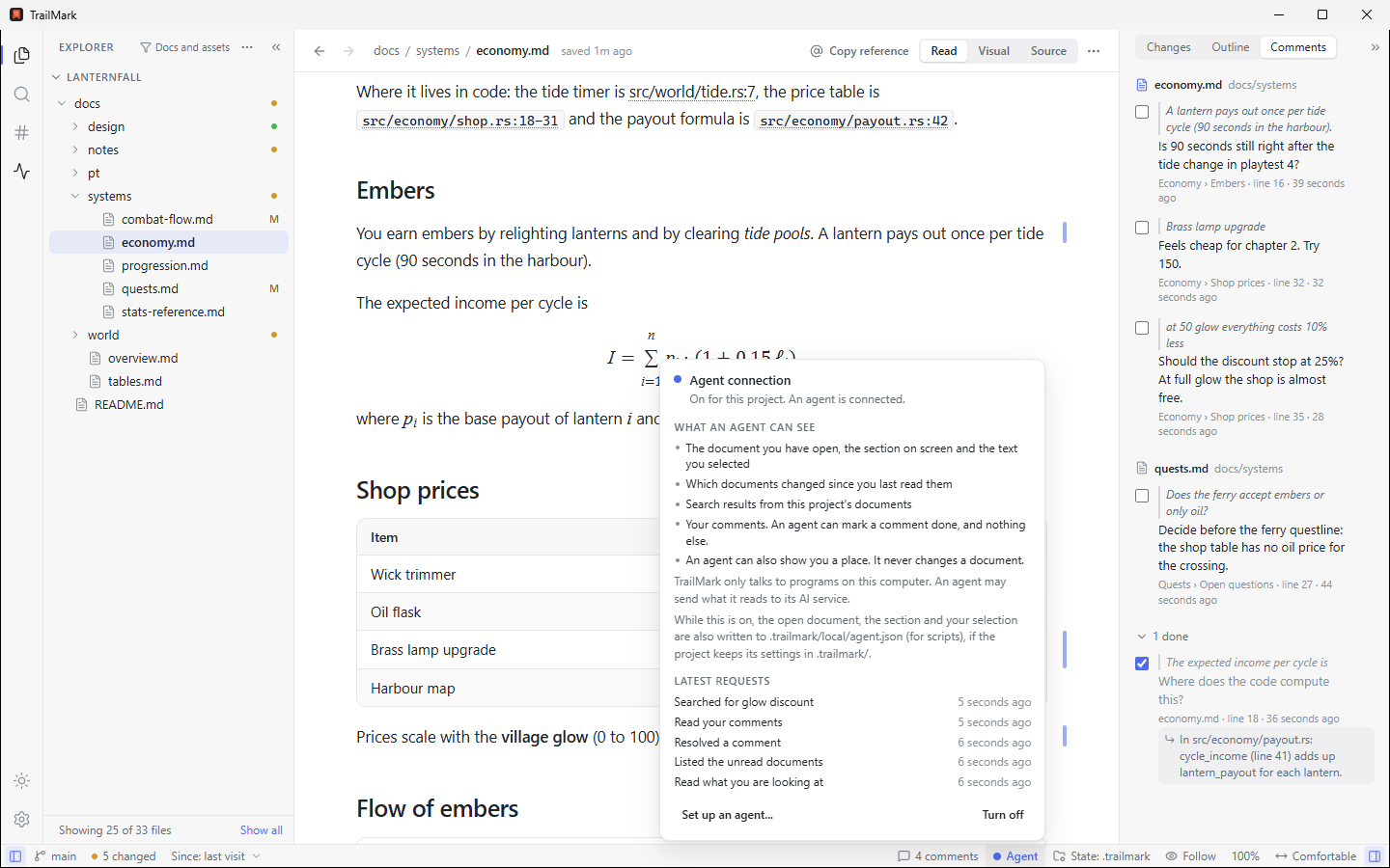 The Agent popover open from the status bar: an agent is connected, what it can see, and its latest requests (a search, reading and resolving comments, the unread documents, what you are looking at)