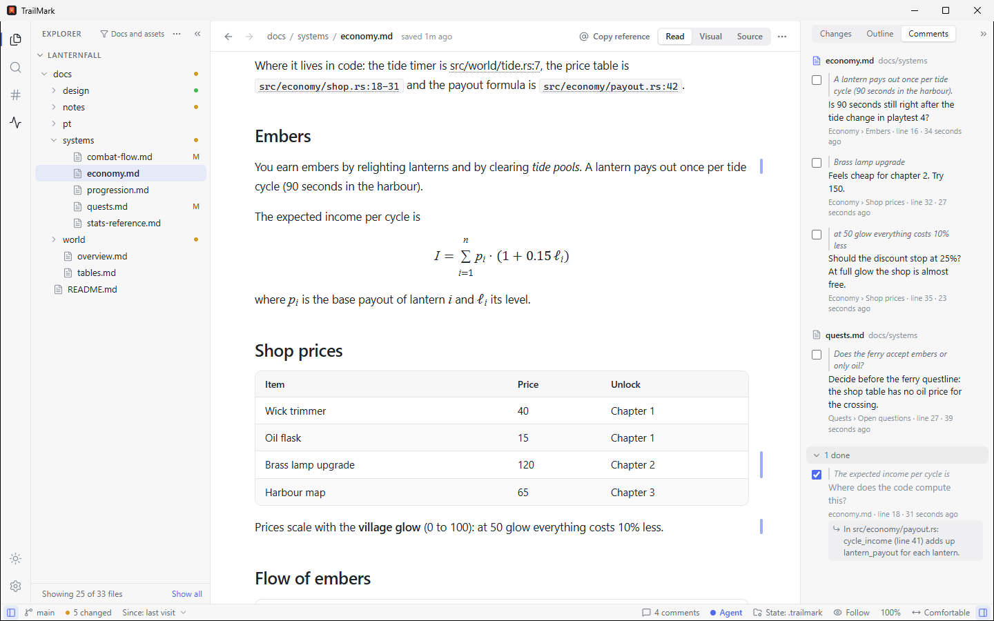 A document with comment bars in the margin, and the Comments tab listing the open comments by document, with one done comment showing the agent's reply